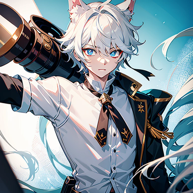 Ultra detailed, Best quality, finedetail, Anime boy, neko, The male, White hair, , eyes blue, Blue pupils, Extremely detailed eyes, White color blouse, Black shorts,, The male，Abs