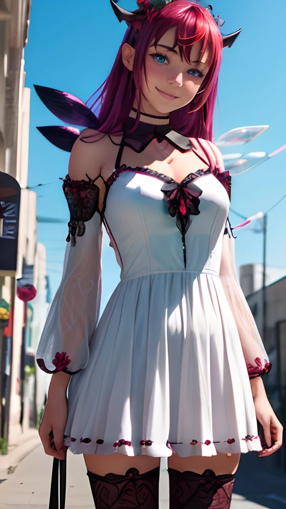 hyper realistic, natural warm lighting, a cute girl, beautiful model, smooth skin, facing viewer, playful smile, standing, thigh, IrysHolo, IrysBase, heterochromia, long hair, white dress, thighhighs, bare shoulders, white dress, flower, detached sleeves, halo, detached wings