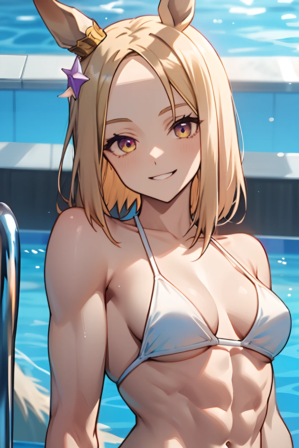 narita top road\(umamusume\), ultra-detailed face, masterpiece, best quality, front, muscle, abs, white bikini, upper body, pool, light smile, from below,