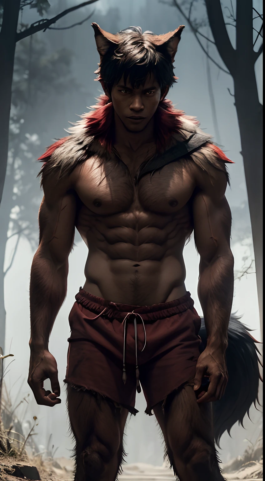 Werewolf boy,musculature,Wolf ears,Face,Human body,red colored skin,Wolf paws,Scarred,Crucified