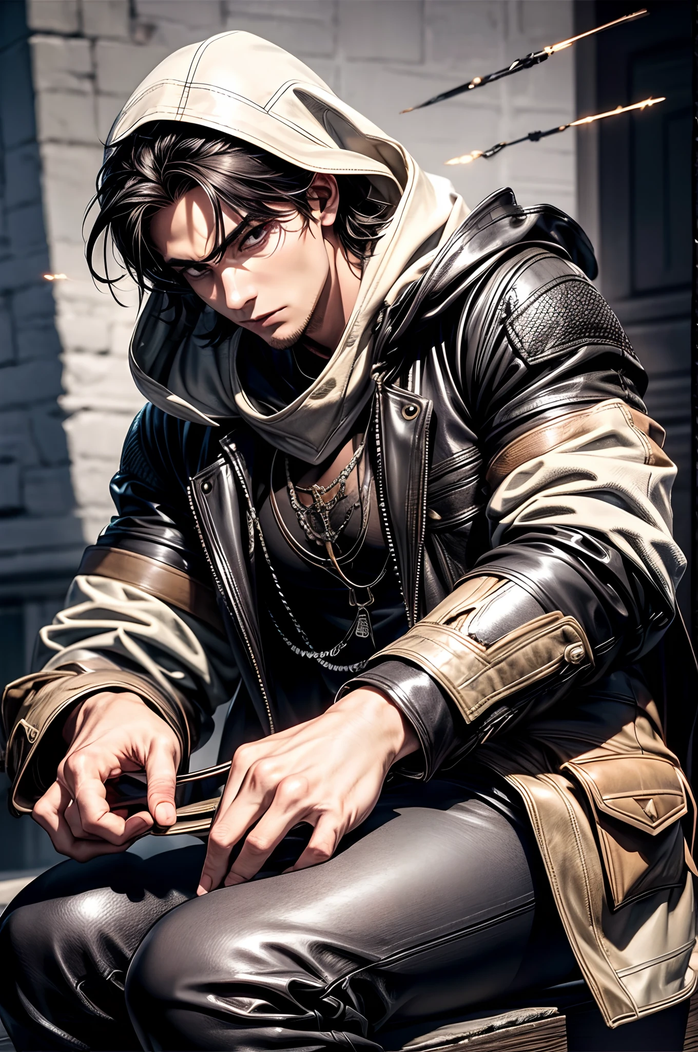 (absurderes, hight resolution, ultra-detailliert), 1 male, Adult, Handsome, High muscular face, broad shoulders, finely detailed eyes, Short black hair, Brown eyes, Black cloak, Wearing a hood, Leather Vest, Leather bag at waist............................, 2 daggers on the belt, castle, Medieval atmosphere, Natural Light and Shadow, Bright particles fly around a person, Fantastic, Mysterious, Bright glow, Seated Pose, Serious expression, Cold, thoughtful, Mouth Shut