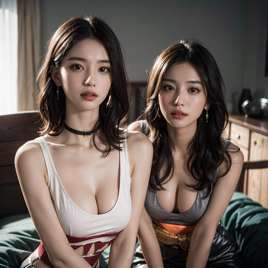 absurderes, RAW photo, Extremely delicate and beautiful, Masterpiece, Best quality, 超高分辨率, 16k, Hyperrealistic, Ultra-detailed, Very detailed CG 8k wallpaper, Beautiful lighting, Perfect lightning, Realistic shadows, Perfect anatomy, Super detailed skin, Perfect figure, Japanese woman, in her 20s, Very slim body, Narrow waist, Very small head, handsome detailed woman, Very detailed eyes and face, Realistic face proportions, Stunning detailed eyes, Realistic beautiful face, Very small face, Realistic little beautiful eyes, Double eyelids, Makeup, earring, Bare legs, Beautiful and very thin legs, Beautiful and very thin thighs, (very large round breasts:1.3), Short hair, Wavy hair, Sweat, (Full body shot), Sleeveless, Bare arms, Bare legs, tight-fitting, midriff peek, cleavage, fine collar bone, (3 girls:1.5),
