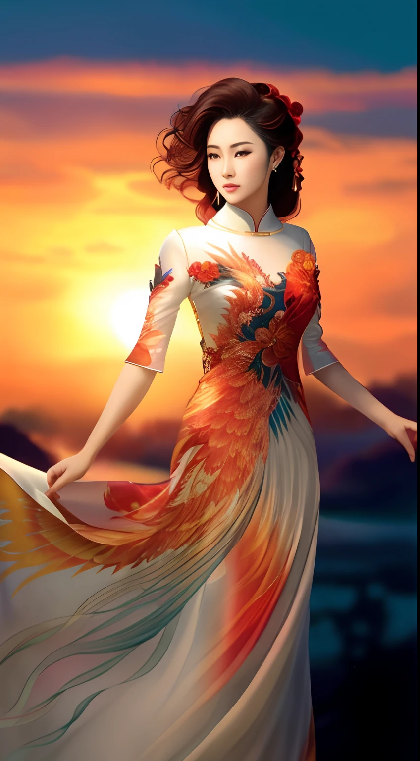 Close-up of a woman in a dress,The background is the setting sun, ao dai, Beautiful digital artwork, floating dress, dress made of fire, phoenix-inspired, inspired by Xie Sun, beautiful gorgeous digital art, Beautiful oriental woman, inspired by Jin Nong, flowinggown, phoenix rising, Chinese dress, beautiful digital art, Oriental fantasy, fire dress