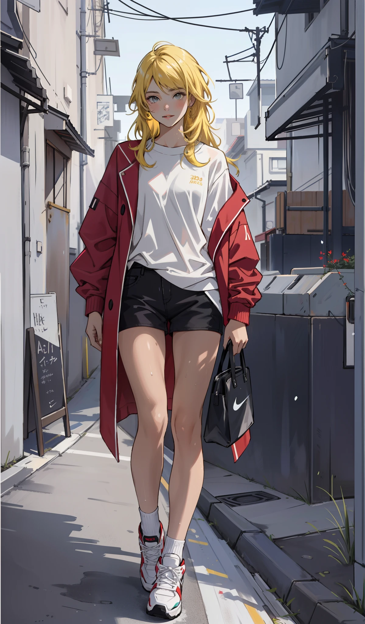 Masterpiece, photo realistic hyper details, a woman in a white shirt, pastel blue colour mini short, simple style, wearing elegant casual clothes, muted red, simple clothes, milk and blue style, casual transparent clothing style, wet, modern fashion outfit, wearing a fisher , casual modern clothing, inspo, red clothes, blue oversized jacket, brosshort, neutral tones, red and white color scheme, casual business outfit,cute face, nike shoes, 22 years old, adult face, long hair, ((yellow hair)), street traditional festival