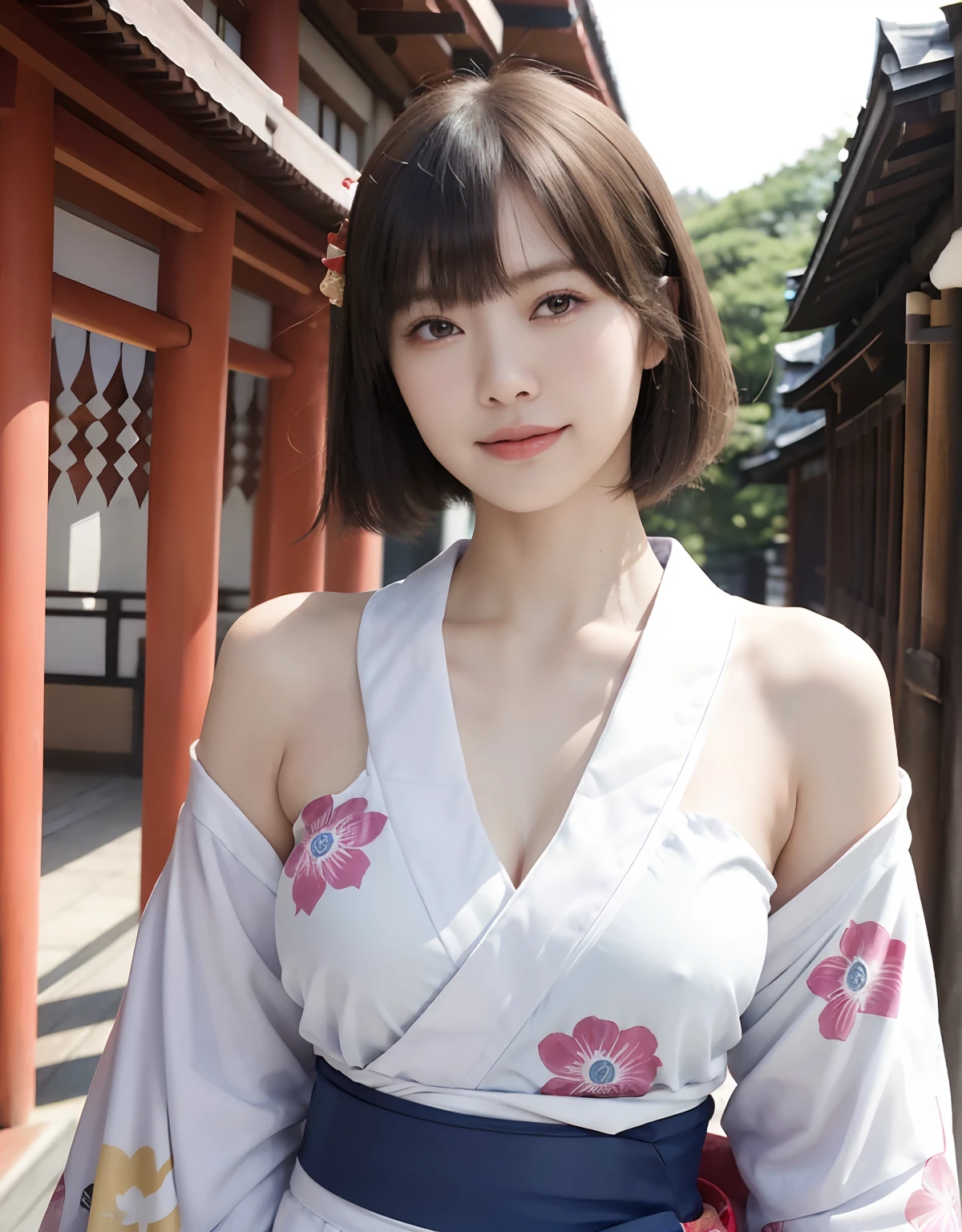 (top-quality、8K、32K、​masterpiece、超A high resolution、nffsw:1.3)、(Japan idol:1.8)、1girl in、(Colossal tits)、((maikurobikini)).(short-hair)、abdominals、the perfect body、((Takan Ninja)), Delicate facial features, Ultra-realistic, Hyper-realistic, 鎖骨、((A smile)).Shadow、octan render、((Wear a beautiful kimono with a high degree of exposure)),hyperdetailed face、Detailed lips、finely eye、二重まぶた、(魅惑的)、((agitation:1.5))、maikurobikini、((Navel))、Armpit、((Female ninja)),Kunoichi Ninja、Throw shurikens、Japan holding a sword、Mystical expression、shrine background、Old Town of Japan、((heavy breasts)),Toostock、mecosuji、Kimono with colorful floral pattern、highcontrast、(((Colorful kimono))),extremely heavy breasts、