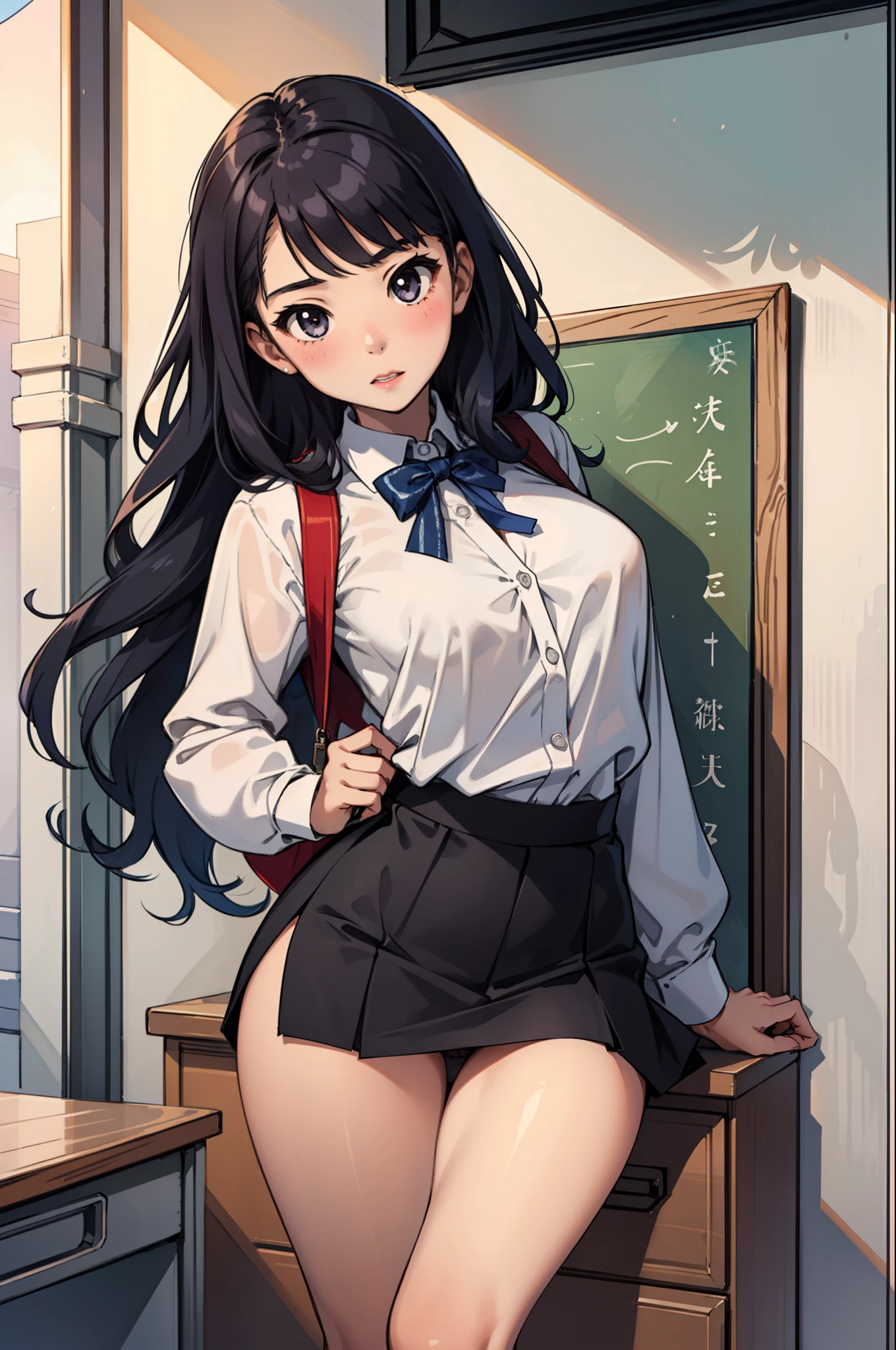 elementary student、girl with、E-cup、student clothes、Ultra mini skirt、I'm skinny、Height 120 cm、Pubic hair shows through