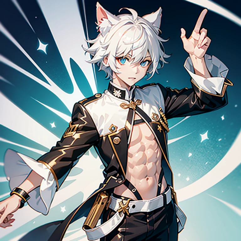 Ultra detailed, Best quality, finedetail, Anime boy, neko, The male, White hair, , eyes blue, Blue pupils, Extremely detailed eyes, White color blouse, Black shorts,, The male，Abs