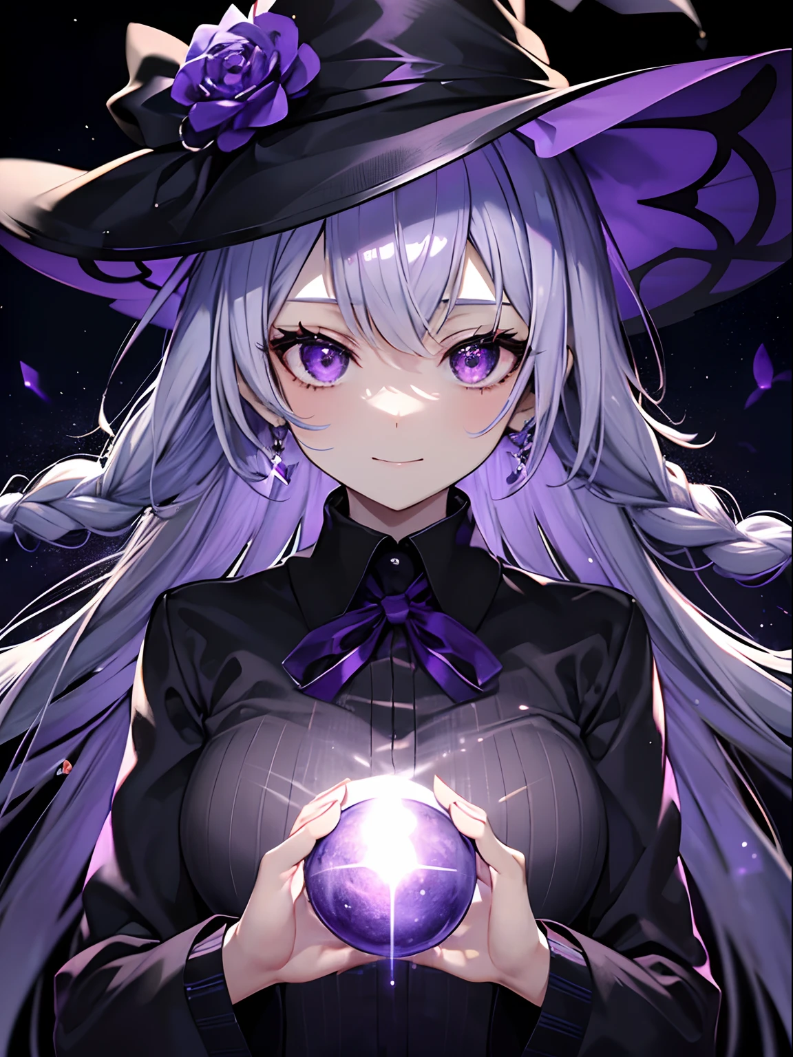 (masutepiece, Best Quality, Ultra-high resolution),1girl in,Business Suit, Witch Hat,, beautiful and detailed face, Detailed eyes,((Grey and purple theme)),film photography, 1girl in , (((Whole body ))) , huge smile、Lunette de soleil、A little braid in the ear、 hair color: Purple eyes in the night sky with shimmering purple stripes: A deep, sparkling purple that contains the mystery of the universe