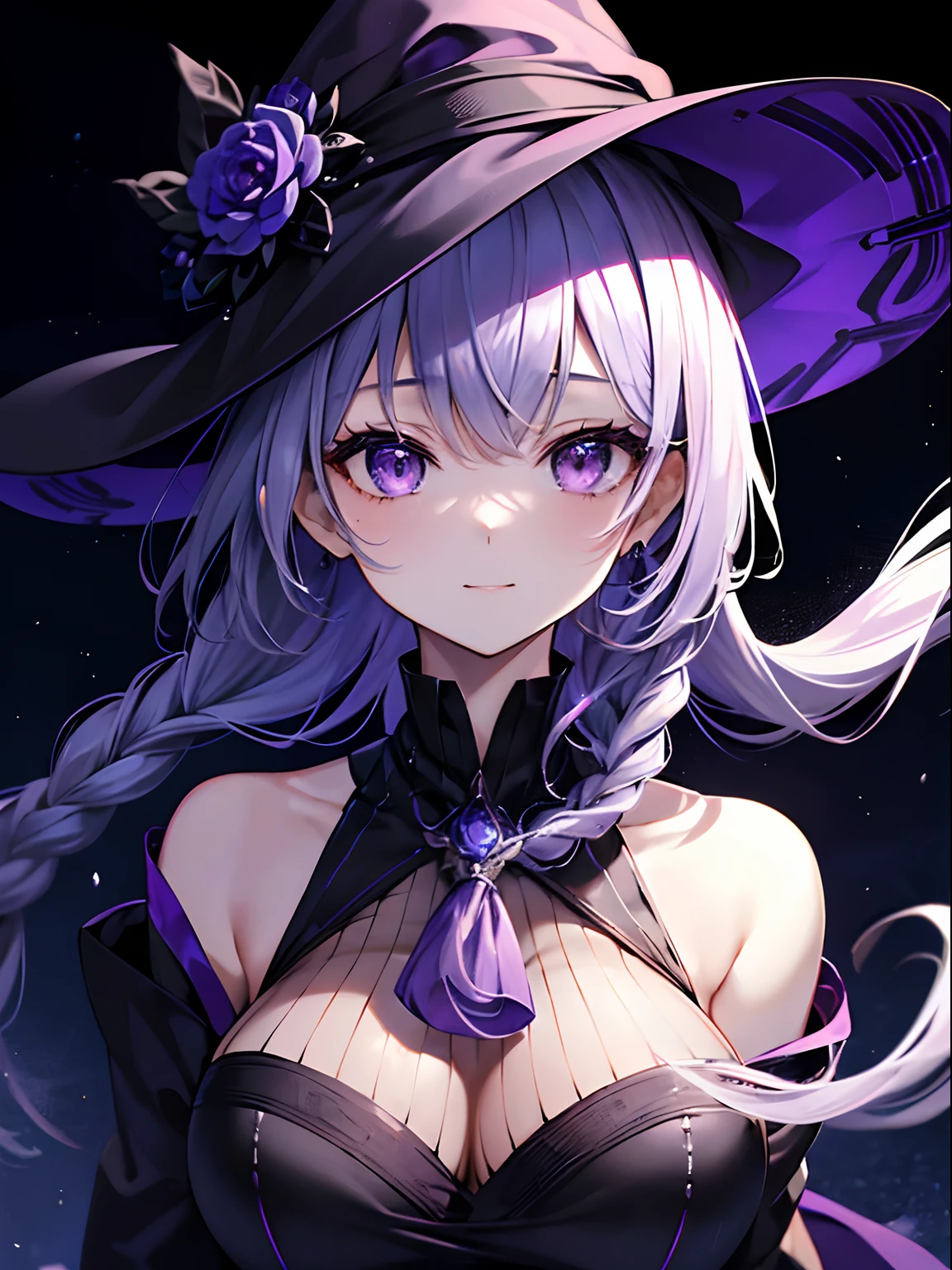 (masutepiece, Best Quality, Ultra-high resolution),1girl in,Business Suit, Witch Hat,, beautiful and detailed face, Detailed eyes,((Grey and purple theme)),film photography, 1girl in , (((Whole body ))) , huge smile、Lunette de soleil、A little braid in the ear、 hair color: Purple eyes in the night sky with shimmering purple stripes: A deep, sparkling purple that contains the mystery of the universe