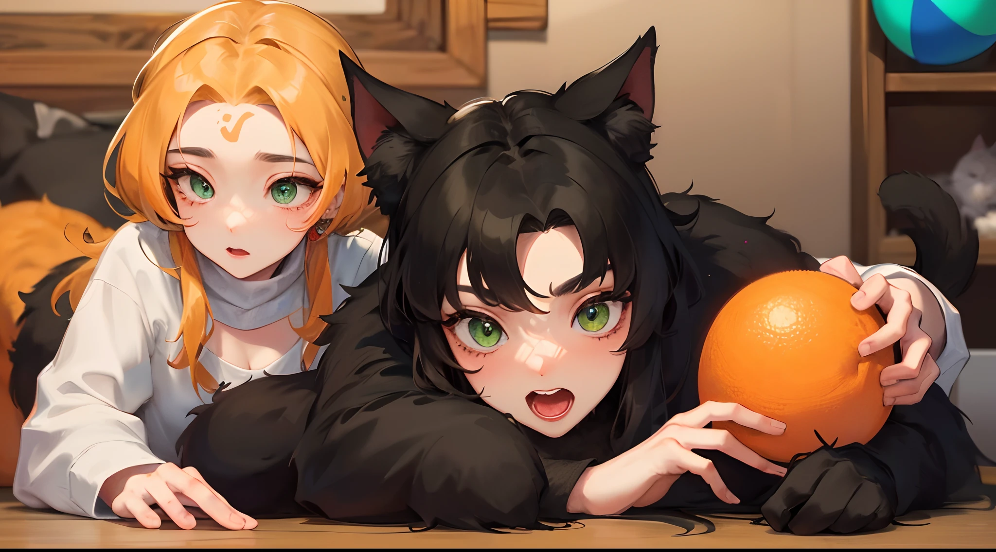 . 2 cats with black fur and green eyes. An older one with an orange line on her forehead and a younger one playing with a ball of wool. disney style