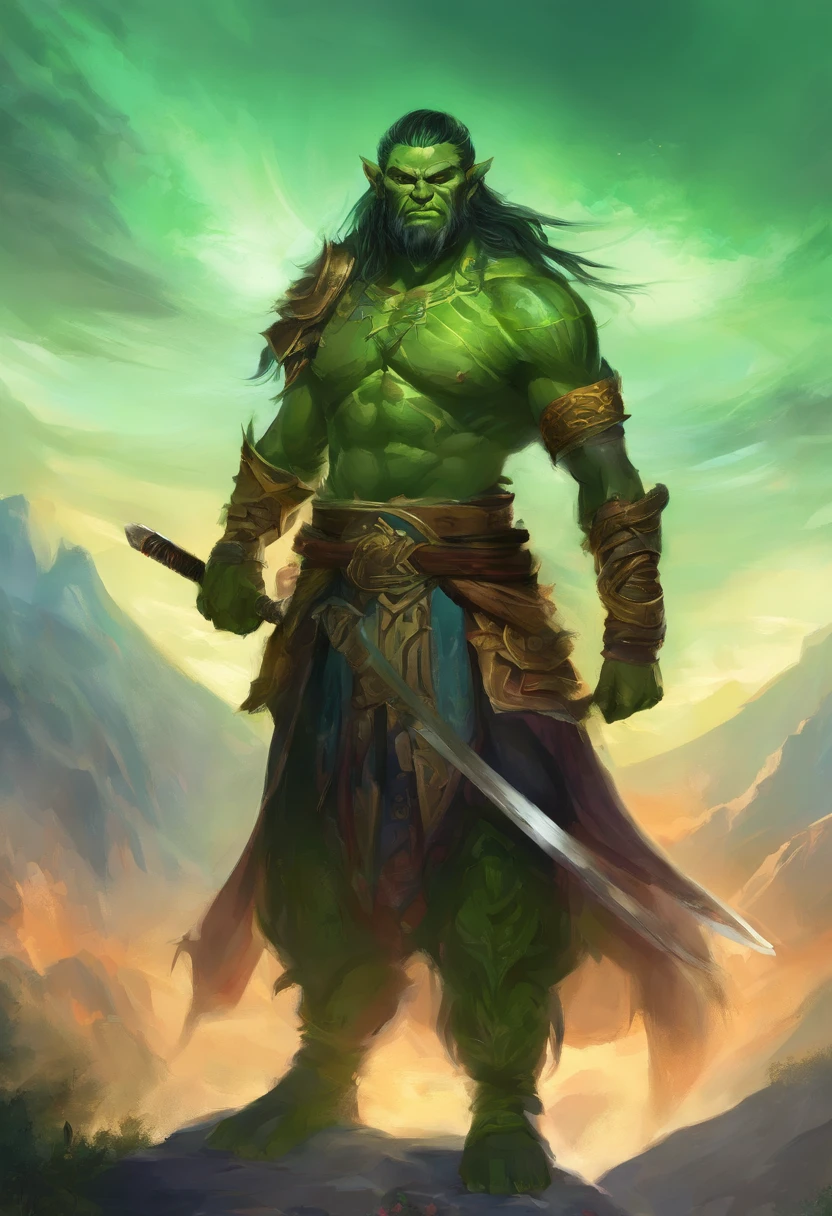 Male half Orc Barbarian, toned muscles is defined, full Body Art, Topaz Eyes, Black long Hair, Green Skin, full body leather clothes, leather boots, leather gloves, heavy shirt.