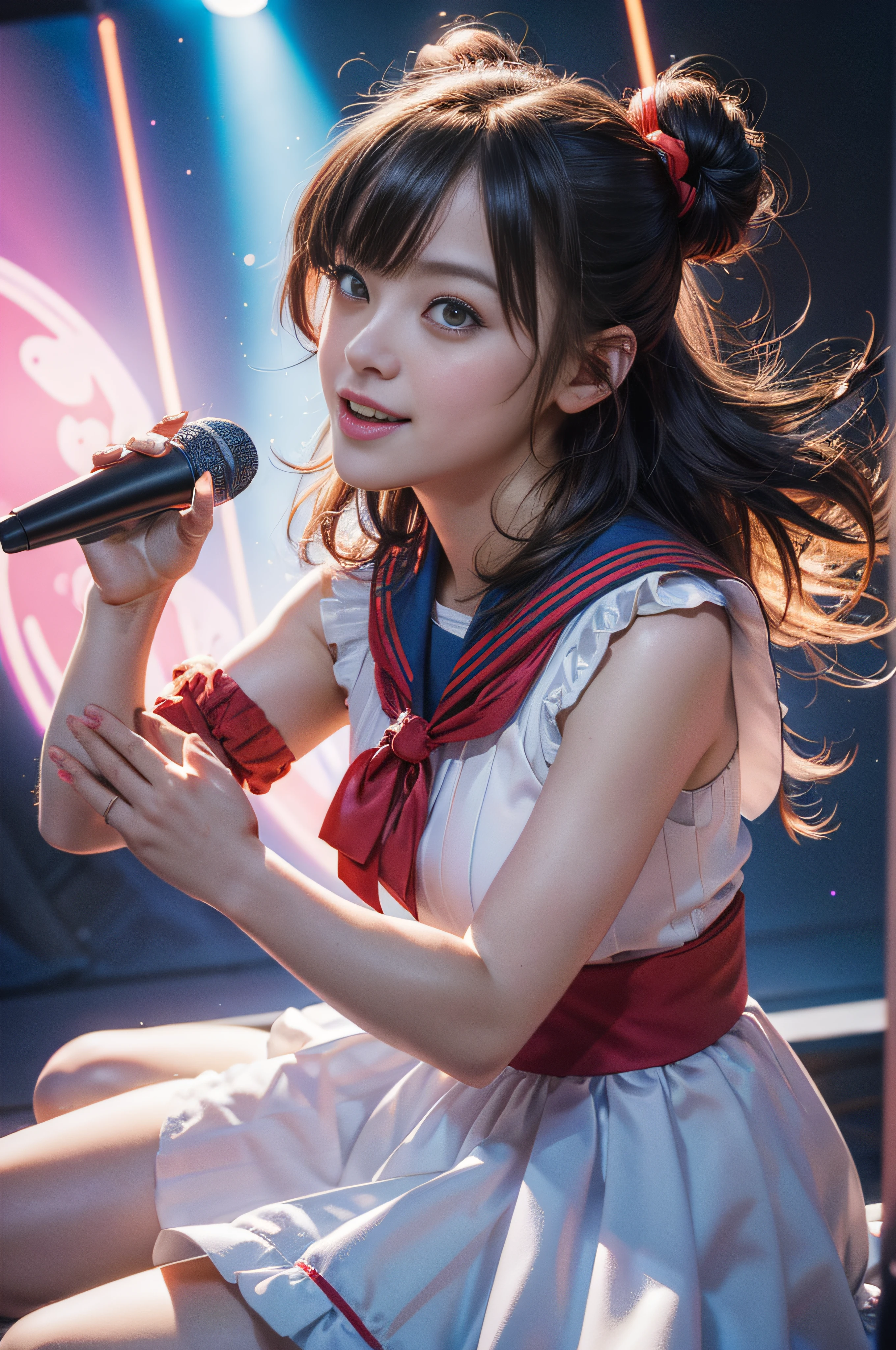 Mirin Furukawa of the Japan idol group Denpagumi.Ltd. performs, ((8K, RAW Photos, Top image quality, masutepiece:1.2)), (Realistic, Photorealistic: 1.3), (depth of fields: 1.2), Beautiful Japan woman in her 30s, Dynamic Angle, (1 person:1.3), 1 girl, Idol, Red costume, (Red Ultimate Sailor Idol Dress), Colorful idol dresses, Volumetric lighting, Highly detailed face and skin texture, Delicate eyes, Twin Tail Rabbit Style Haircut, Flowing hair, Cute smile, microphone, neon light, Neon Rim Light, Laser beam on stage, Psyllium, spotlighting, Cowboy Shots, Moody lighting, Concert Venues, On stage, (Audience around the stage: 1.5), (Holding the microphone and singing on stage:1.5), Complex Detail, (Round face: 2.0), (Explosion of pixel particles:1.2), Dynamic lighting, From below