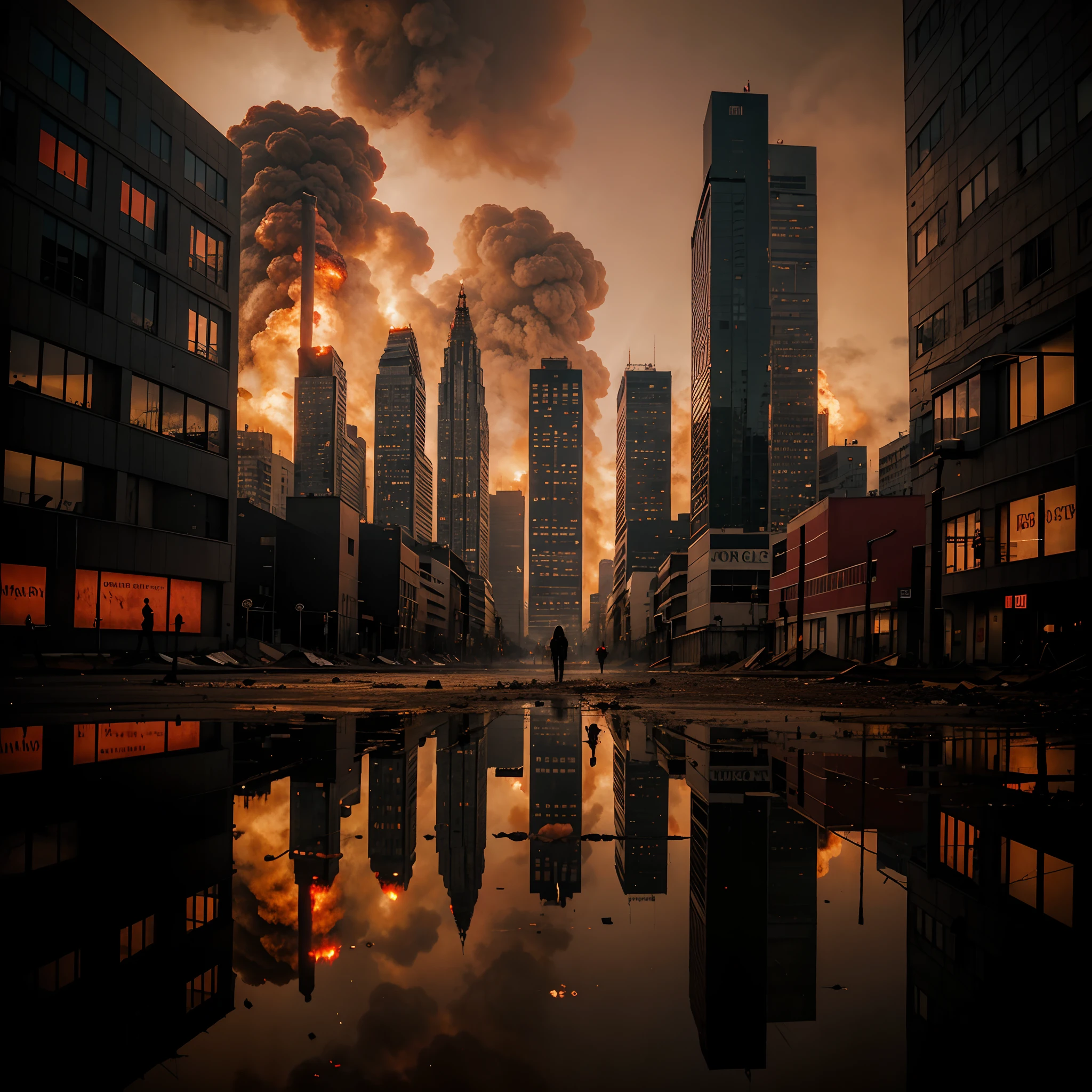 eye reflection of an apocalyptic city burning down in red colors with creepy vibe