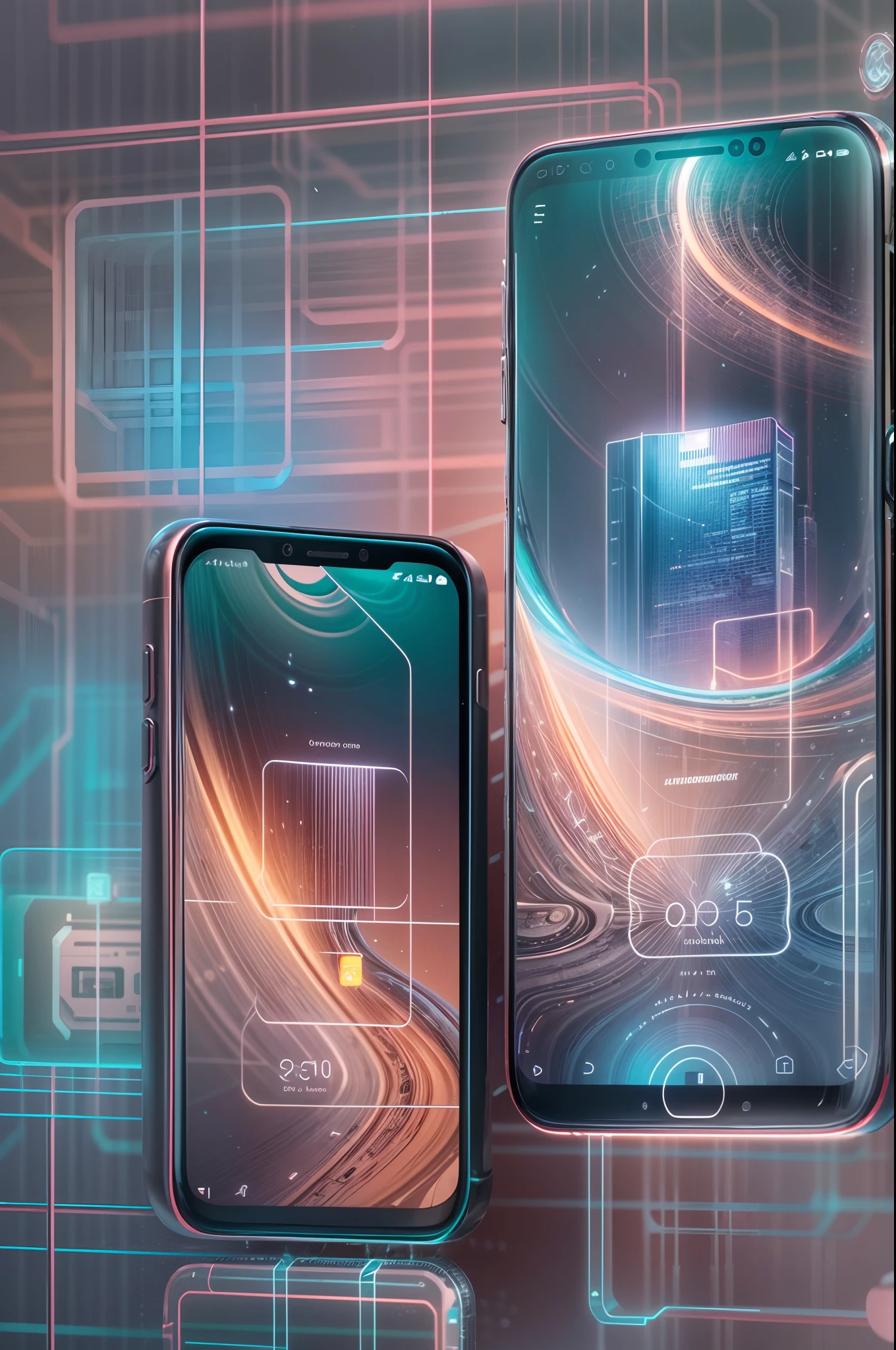 Image of futuristic phone design, A smartphone with a hard light structure, Holographic hard light screen, The scene shows different applications, Futuristic technology