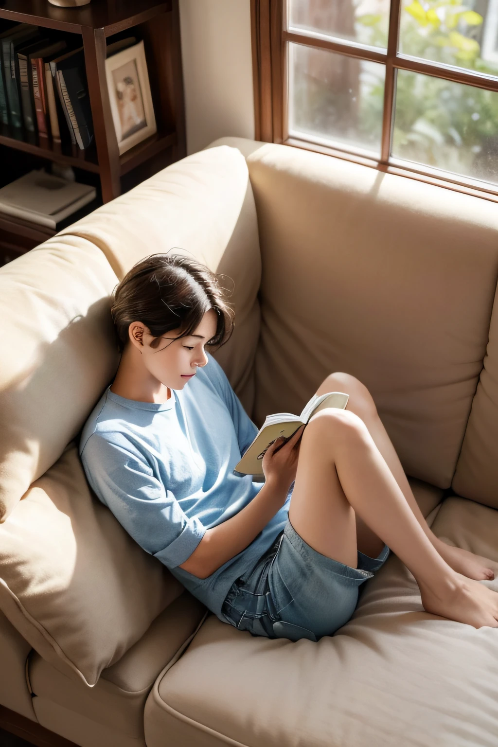 Warm in the flower room,A teenager leans back on the couch and reads a book。At his feet are cute cats。