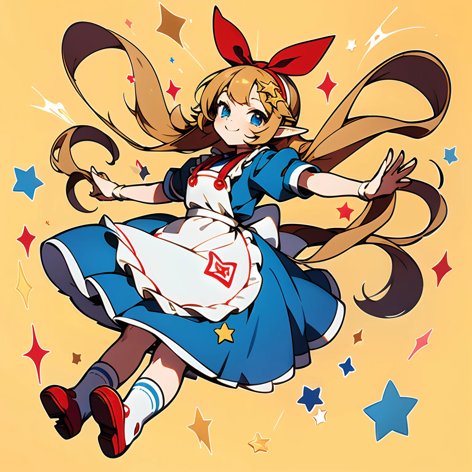 ((Solo, full body, smiling, very short, , dwarf, hime cut, thick lines)), dwarf girl with elf ears falling, arms outstretched, checkered background, ((blue dress, white, red ribbons, white apron, white long socks, red shoes, red headband, blue eyes, golden blonde hair, long hair, straight hair)), playing cards, teacups, sparkles, stars, mushrooms