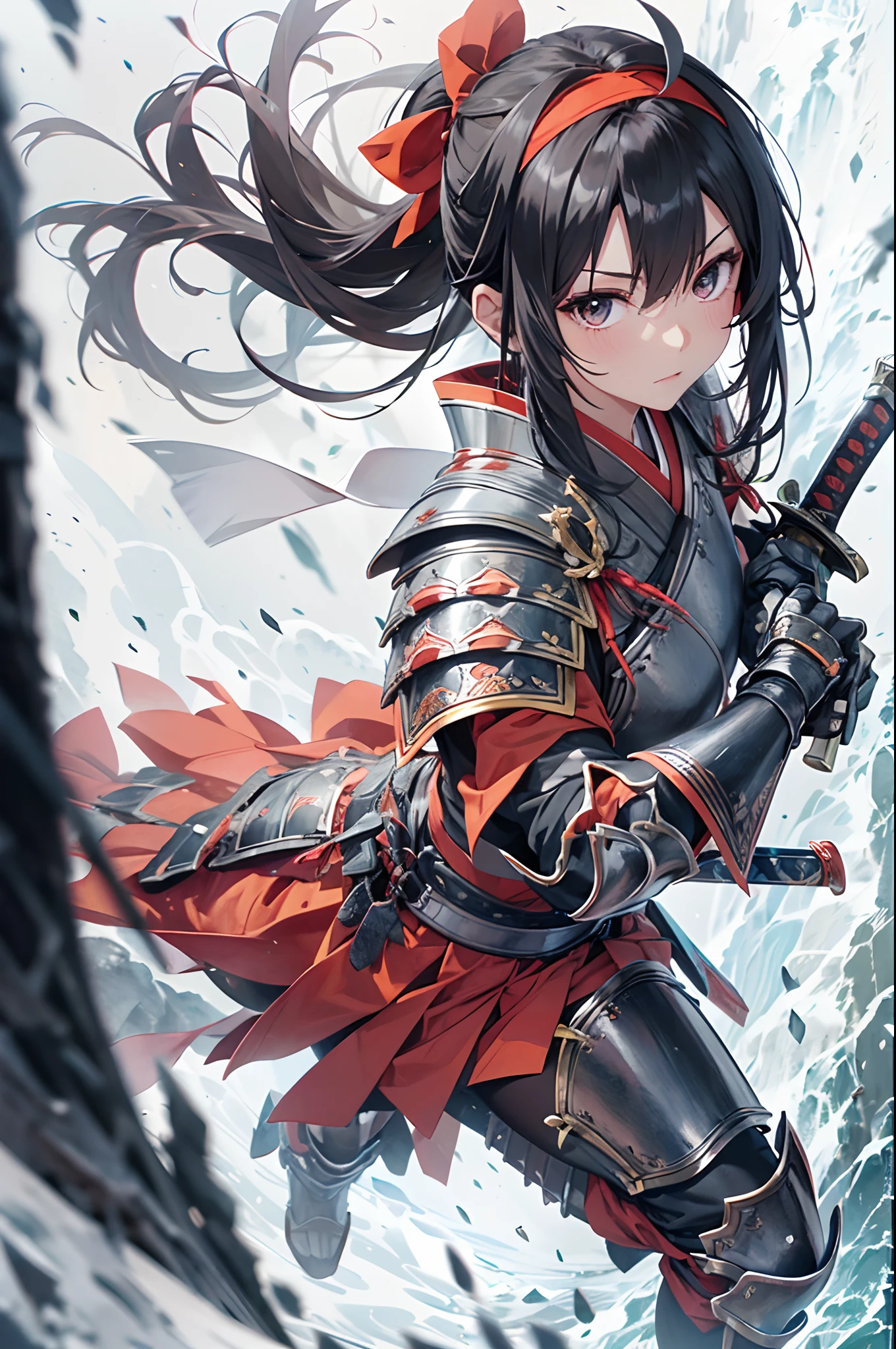 Raise your sword aloft、Anime characters in armor, 1girl in, Samurai,arma, Sword, Black hair, Solo,round big eyes,Deep scarlet eyes, Ponytail, Long hair, katanas, Hakama,((Japanese armor))),((plate armor)), holding weapon, ((Leg armor)), Hold the sword, Looking at Viewer,helmets,((Hair band with metal plate)),Dynamic Action Pose,(((cliff))),(((falls))),
