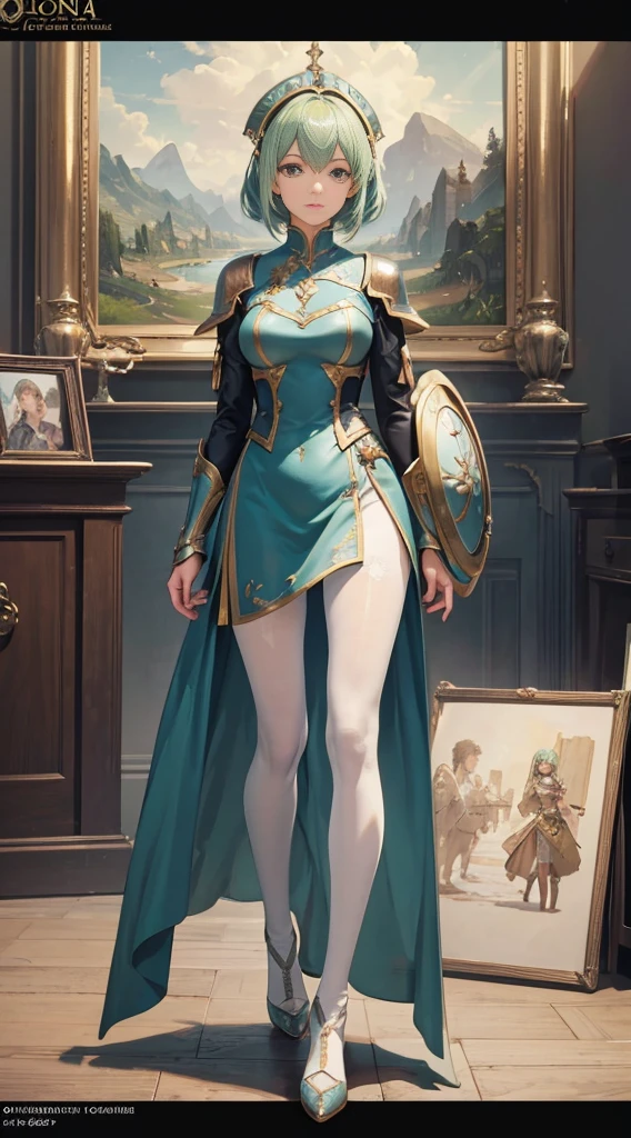 ((Masterpiece, Highest quality)), Detailed face, CharacterDesignSheet, full bodyesbian, Full of details,, Highly detailed, Depth, Many parts,Beautiful paladin girl,Holding a shield,Extremely beautiful,High Balance, Natural light, Lace,lacepantyhose,sparkling with stars,Light green hair,hentail realism, shadowing,character sheets, reference sheet, Standing painting, 8K, Super detail, 1080p, Women's HD,Slim,femele, 16k, A high resolution, Best quality, High quality, Anatomically correct, Masterpiece, ccurate, hyper HD,As graceful as a swan,unreal-engine, Ghibli-like colors, anime, Standing painting, angle of view,Full body photo,Silvermoon Forest,Look up