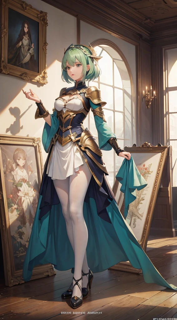 ((Masterpiece, Highest quality)), Detailed face, CharacterDesignSheet, full bodyesbian, Full of details,, Highly detailed, Depth, Many parts,Beautiful paladin girl,Holding a shield,Extremely beautiful,High Balance, Natural light, Lace,lacepantyhose,sparkling with stars,Light green hair,hentail realism, shadowing,character sheets, reference sheet, Standing painting, 8K, Super detail, 1080p, Women's HD,Slim,femele, 16k, A high resolution, Best quality, High quality, Anatomically correct, Masterpiece, ccurate, hyper HD,As graceful as a swan,unreal-engine, Ghibli-like colors, anime, Standing painting, angle of view,Full body photo,Silvermoon Forest,Look up