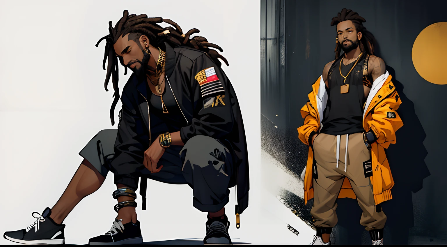 clothing design. full body. front and side. black and white hip hop clothes. open jacket. tank top. black man with dreadlocks. very dark skin. short beard. gold jewelry