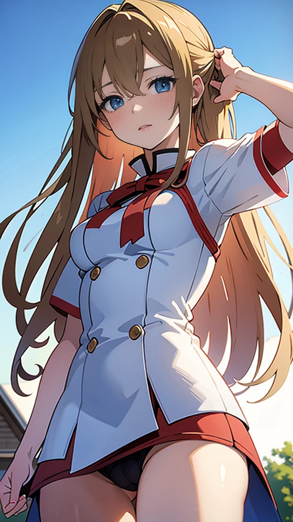 (masterpiece, top quality, professional illustration), beautiful middle breasted, ultra detailed Asuna:1.3, open stance, in heat, sweat, tears, from below POV, blue-sky:1.3