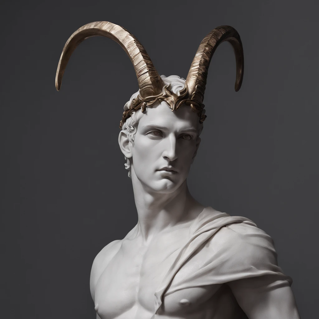 Greek style statue of a man with horns in a dark studio, perfect body statue, man statue, marble statue, minimal background, classic physique, ultra detailed.