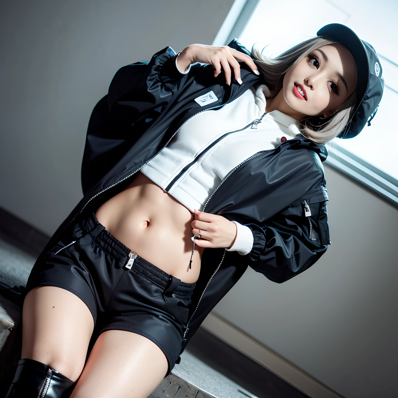 masterpiece, Highest quality, 4K, Ultra-high resolution, mishoujo, Painting, Beautiful eyes and fine face, figure, Beautiful details, high resolution figure, Shine_white_particle, One girl, white hair, Light purple eyes, Hair on one eye, Short side details, Baseball cap,Expressionless, Window Shades, Black jacket, Chest Rig, cyber punk, Techwear,(Impressionism:1.4)