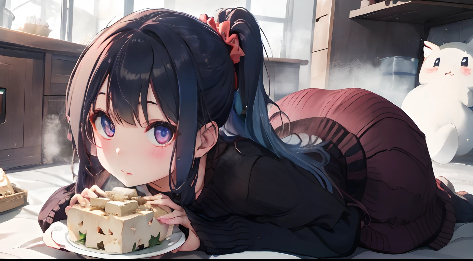 Holding a plate of tofu and looking up,Bring your face closer,He leaned forward and said,、Protruding tofu plate,Steam rises from the tofu,Eyes are hearts,fluffy dark blue hair,Tie in a ponytail with a scrunchie,Warm and loose winter clothes,long-sleeve,Sweaters,Long skirt that reaches to the floor,happily face,which are full of confidence々Face,Pale red tide with many small stars shining in the back of the eyes,