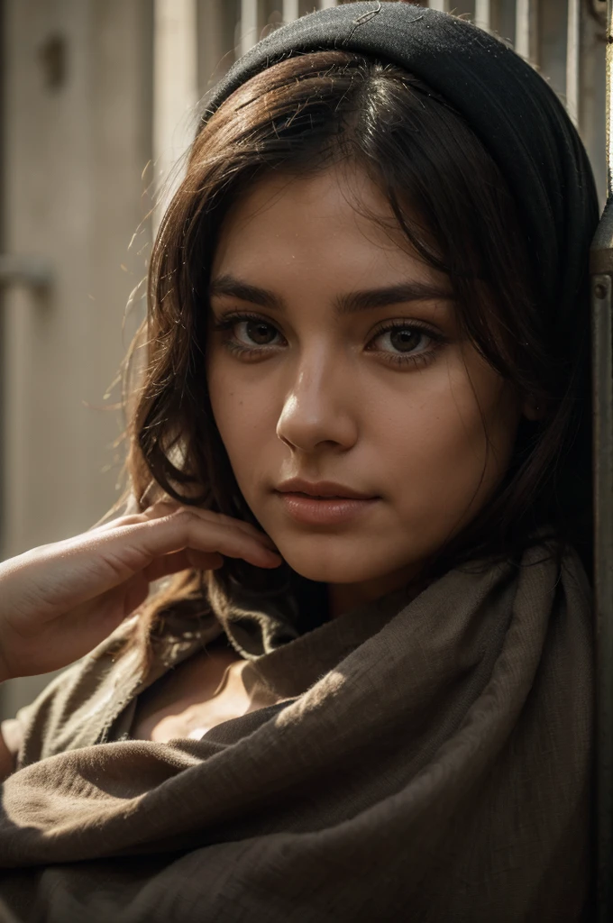 (best quality,4k,8k,highres,masterpiece:1.2),ultra-detailed,(realistic,photorealistic,photo-realistic:1.37),middle eastern,1girl,beautiful detailed eyes,thick glasses,headscarf,sitting and thinking,prison,thinking,incarceration,determination,serious expression,thoughtful,blurred background,barred prison window,concrete walls,shadows,cinematic lighting,emotional,focused,high contrast,vivid colors,soft warm color tones.