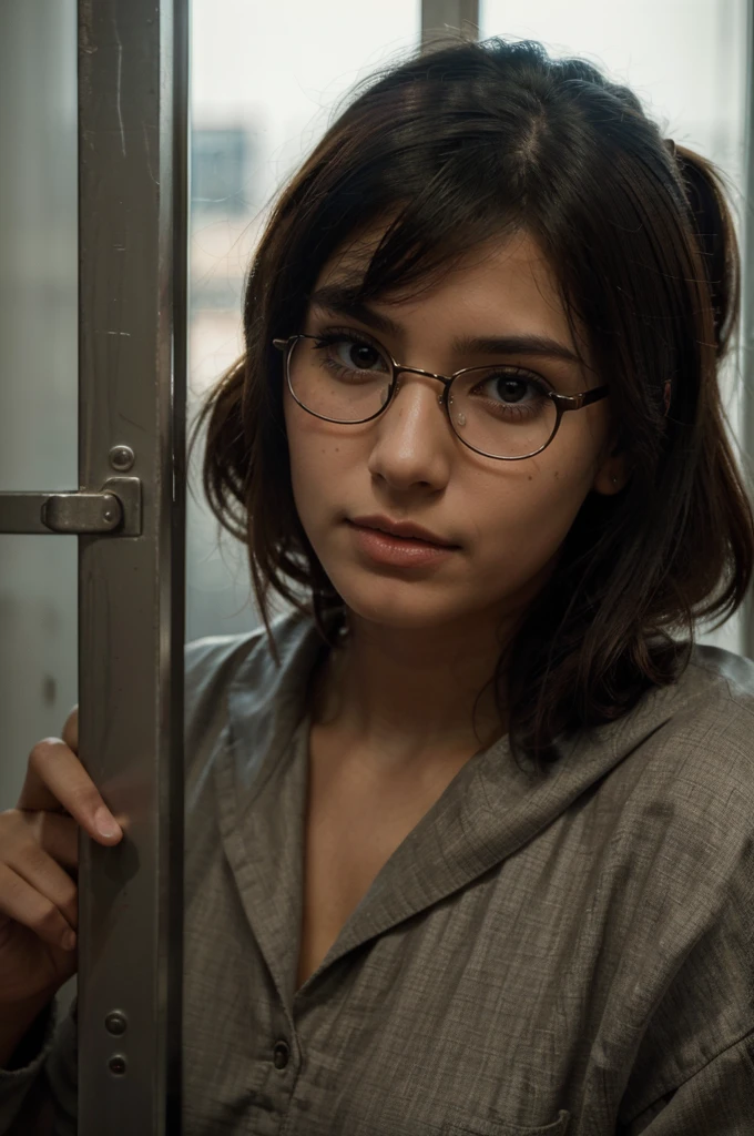 "A disheveled woman in a blue shirt and glasses standing in front of a wooden wall, inspired by Bernardino Mei's style. The portrait has a Renaissance aesthetic but is modernized, suitable for a Reddit post. Photograph credit: AP, with artistic elements reminiscent of Lindsey Look. The woman has blunt bangs falling on her forehead, a medium close-up shot, and she is in court, standing behind bars. Inspired by Robin Eley, she has black hair with bangs. The theme is serious and intense, set in a courtroom. Her expression and demeanor suggest she is psycho, adding a disturbing edge to her appearance."