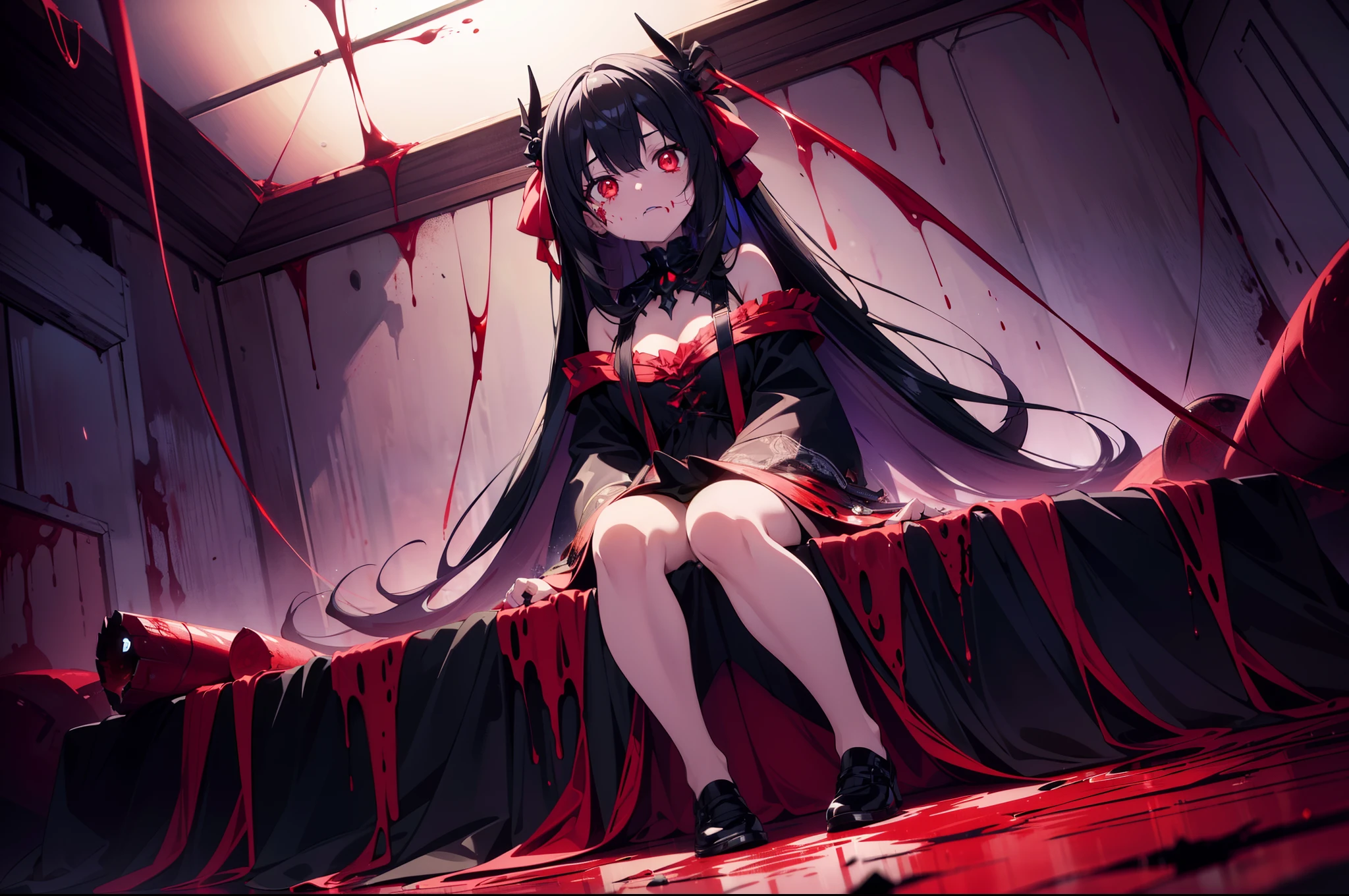 1 li girl , sitting on blood sea, ((many spider threads )), ((dark lighting))  ,full body, Dutch angle , cinematic lighting , (Faintly emerge from the darkness) , cinematic angle , ((blood sea)) , (rape face) ,black long straight hair, black hair, hair ribbon , red eyes,black dress, (glowing eyes), (((horror))) ,(background Torture room),((masterpiece)), ((best quality)), ((ultra-detailed)), (illustration), ((an extremely delicate and beautiful))