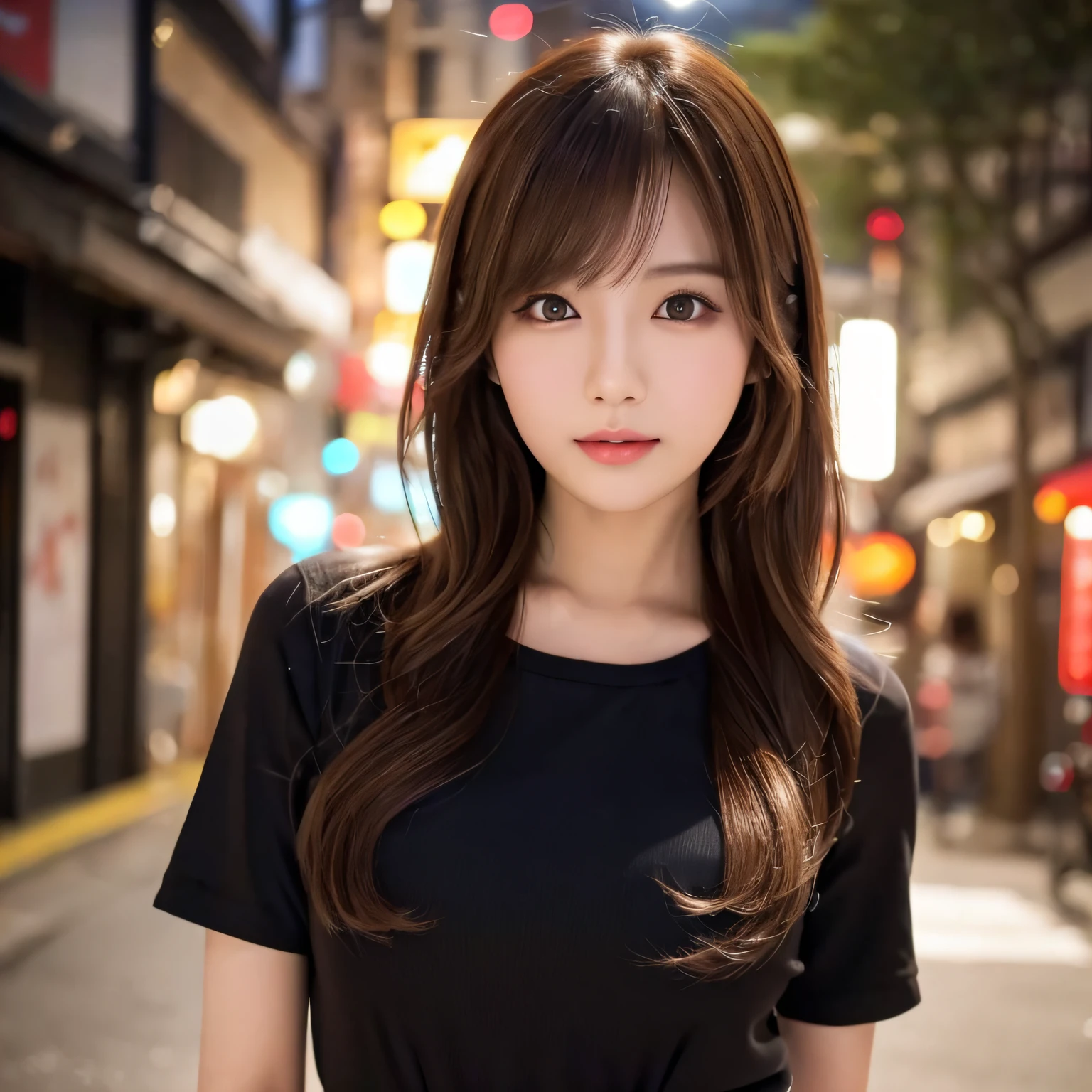 masterpiece、1 beautiful girl、A detailed eye、Puffy eyes、top-quality, 超A high resolution, (Realisticity: 1.4), cinematlic lighting、japanes、Asian Beauty、Korea person、Super beauty、Beautiful skin、A slender、The body is facing forward、up of face、(A hyper-realistic)、(hight resolution)、(8K)、(ighly detailed)、(beautifully detailed eyes)、(ultra-detailliert)、 (wall-paper)、A detailed face、Bright lighting、profetional lighting、looking at viewert、Facing straight ahead、oblique bangs、nighttime scene、Brown hair、乃木坂アイドル、韓国アイドル、hposing Gravure Idol、女優、25-years old、