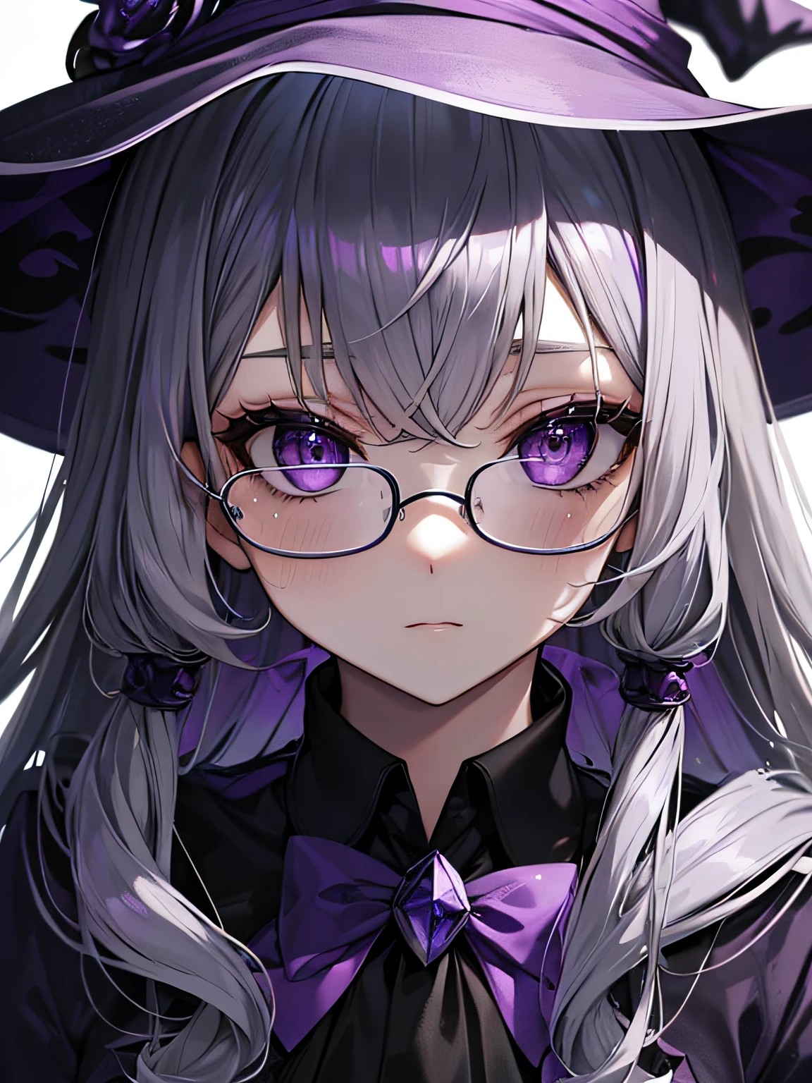 (masutepiece, Best Quality, Ultra-high resolution),1girl in,Business Suit, Witch Hat,, beautiful and detailed face, Detailed eyes,((Grey and purple theme)) ,eye glasses