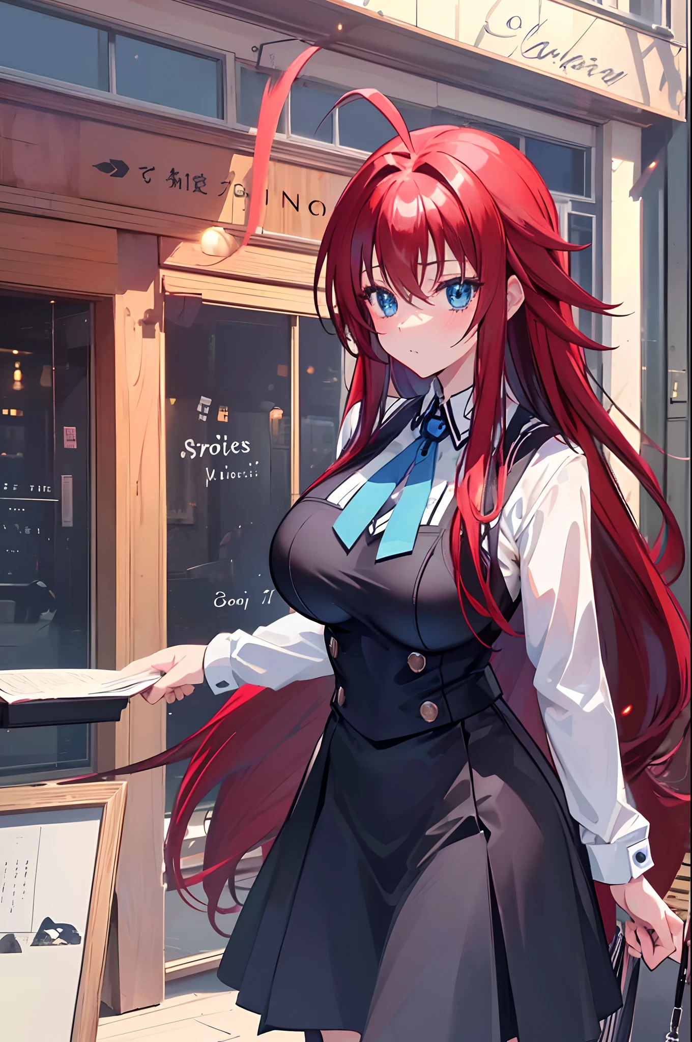 masterpiece, best quality, 1girl, long hair, looking at viewer, :3, cute, black school uniform, outdoors, streets, cowboy shot, large breasts, curvy, (((blue eyes))), rias gremory, red hair, antenna hair, wavy hair, ((beautiful detailed eyes, beautiful detailed glow, lots of glow)),