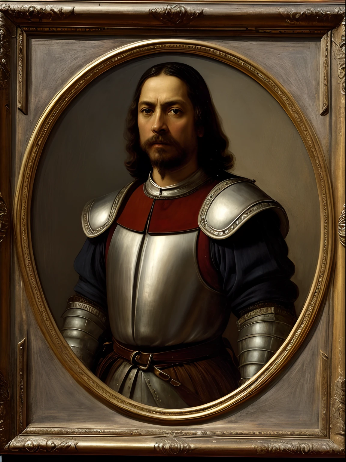 A medieval conquistador in a spanish armor, daytime, brown skin, grey hair, medieval aesthetics, paninted photo, sharp focus, intricate details, highly detailed, depth of field, sharp focus, high detail, Impressionism, no helmet or hat, Detailed oil painting, Glazing, Tenebrism, scumbling, oil painting, baroque style, by Rembrandt, by Artemisia Gentileschi