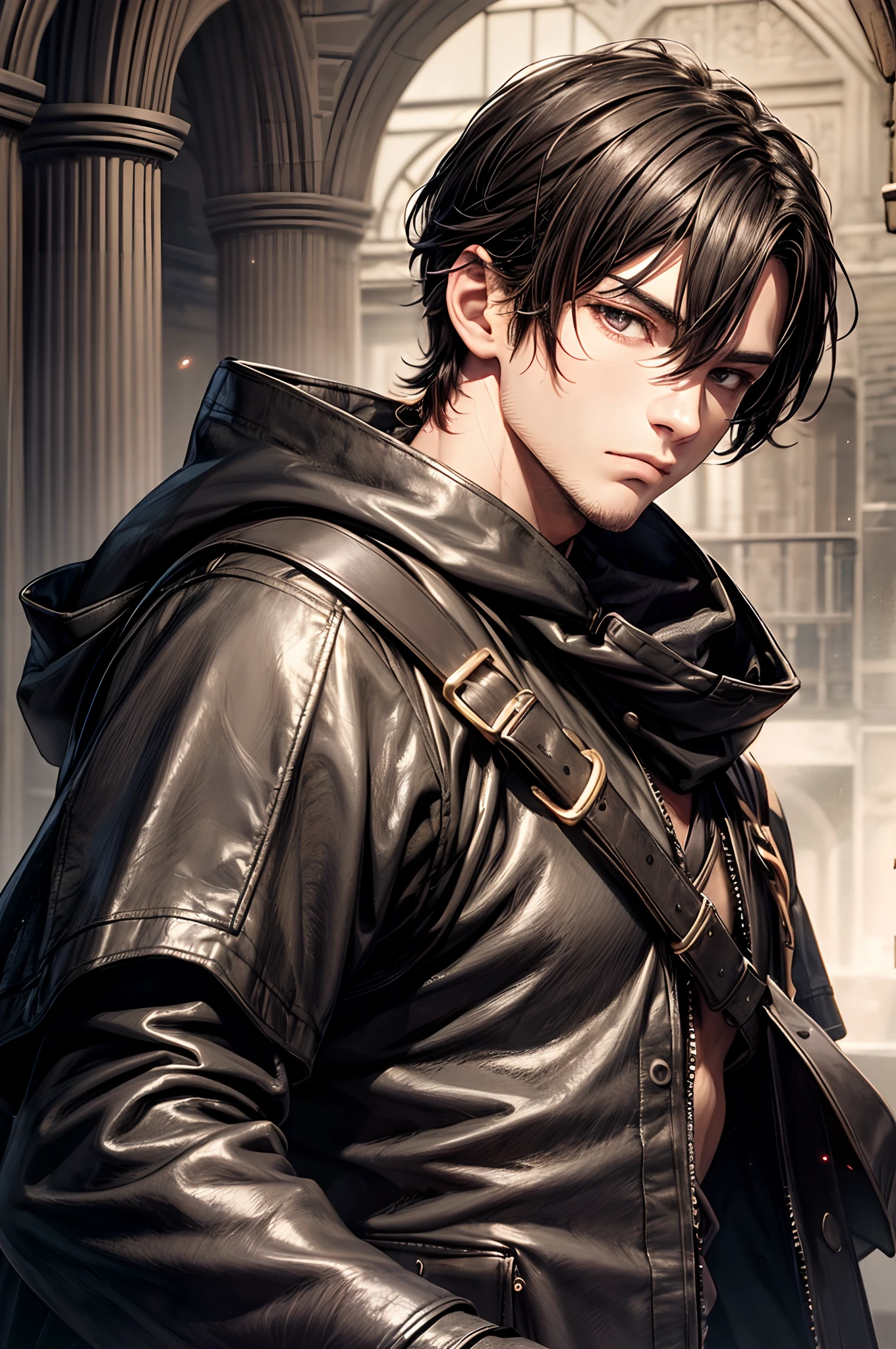 (absurderes, hight resolution, ultra-detailliert), 1 male, Adult, Handsome, High muscular face, broad shoulders, finely detailed eyes, Short black hair, Brown eyes, Black cloak, Wearing a hood, Leather Vest, Leather bag at waist............................., 2 daggers on the belt, castle, Medieval atmosphere, Natural Light and Shadow, Bright particles fly around a person, Fantastic, Mysterious, Bright glow, Seated Pose, Serious expression, Cold, thoughtful, Mouth Shut
