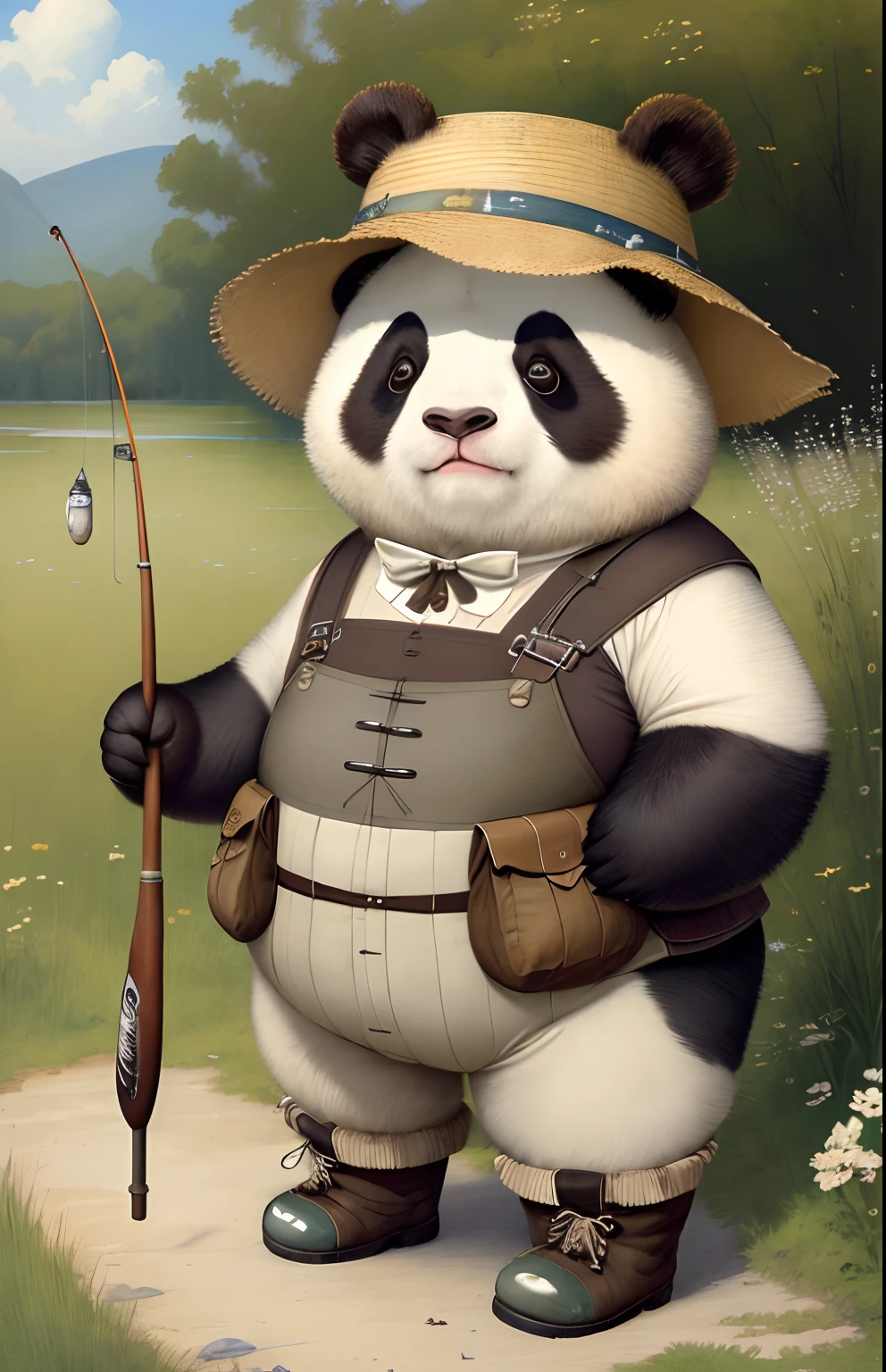 Jean-Baptiste Monge's painting of a large panda, Dressed in fishing boots with fishing tackle, On a summer day in a meadow a bucket of fish, , jean - baptiste monge, anthropomorphic --ar 2:3 --testp -optimistic;
