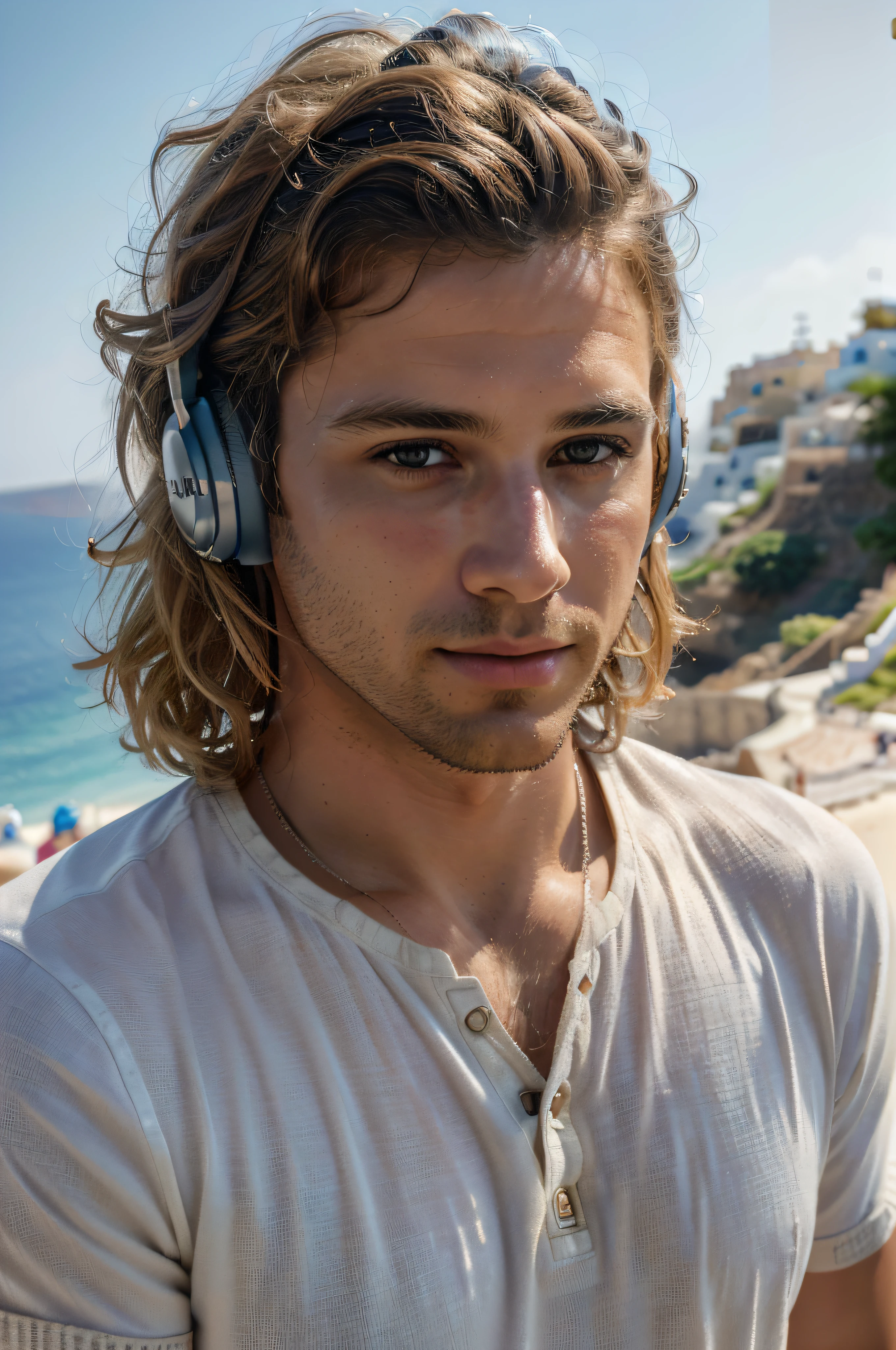 (best quality,4k,8k,highres,masterpiece:1.2),ultra-detailed,(realistic,photorealistic,photo-realistic:1.37),man with headphones,relaxed expression,summer clothes,Santorini Island,blonde hair,curly hair,military style,illustration,beach view,vivid colors,bokeh,backlighting