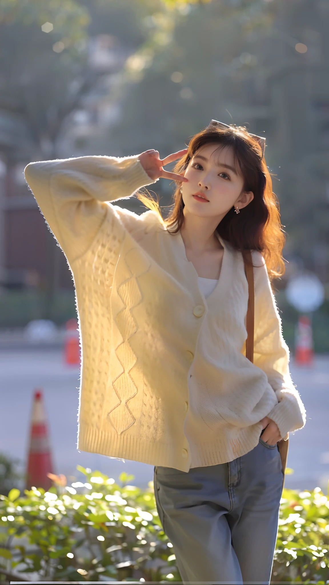 Alafi woman in a white sweater and jeans walking down the street, bae suzy, Cardigan, wearing a cardigan, Gorgeous young Korean woman, inspirado por Kim Jeong-hui, 4 0 9 6, 480p, 4 8 0 p, korean women's fashion model, Inspired by Zhang Han, tzuyu from twice, cute korean actress
