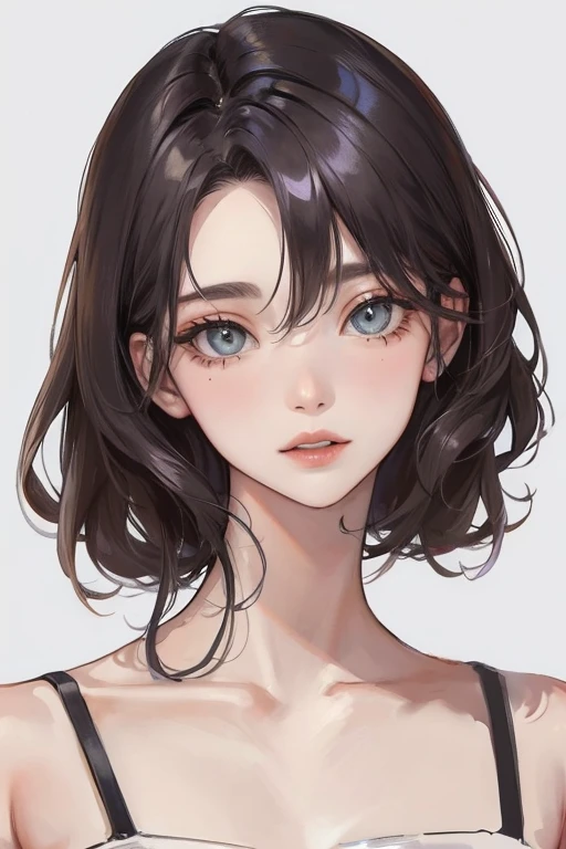 (Top resolution、Distinct_image)top-quality、femele、masterpiece、ighly detailed、Semi-realistic、Black short hair、Dark hair、grey eyes、bangss、21years old、Mature、年轻、Exquisite facial features、Facial features,White Bikini