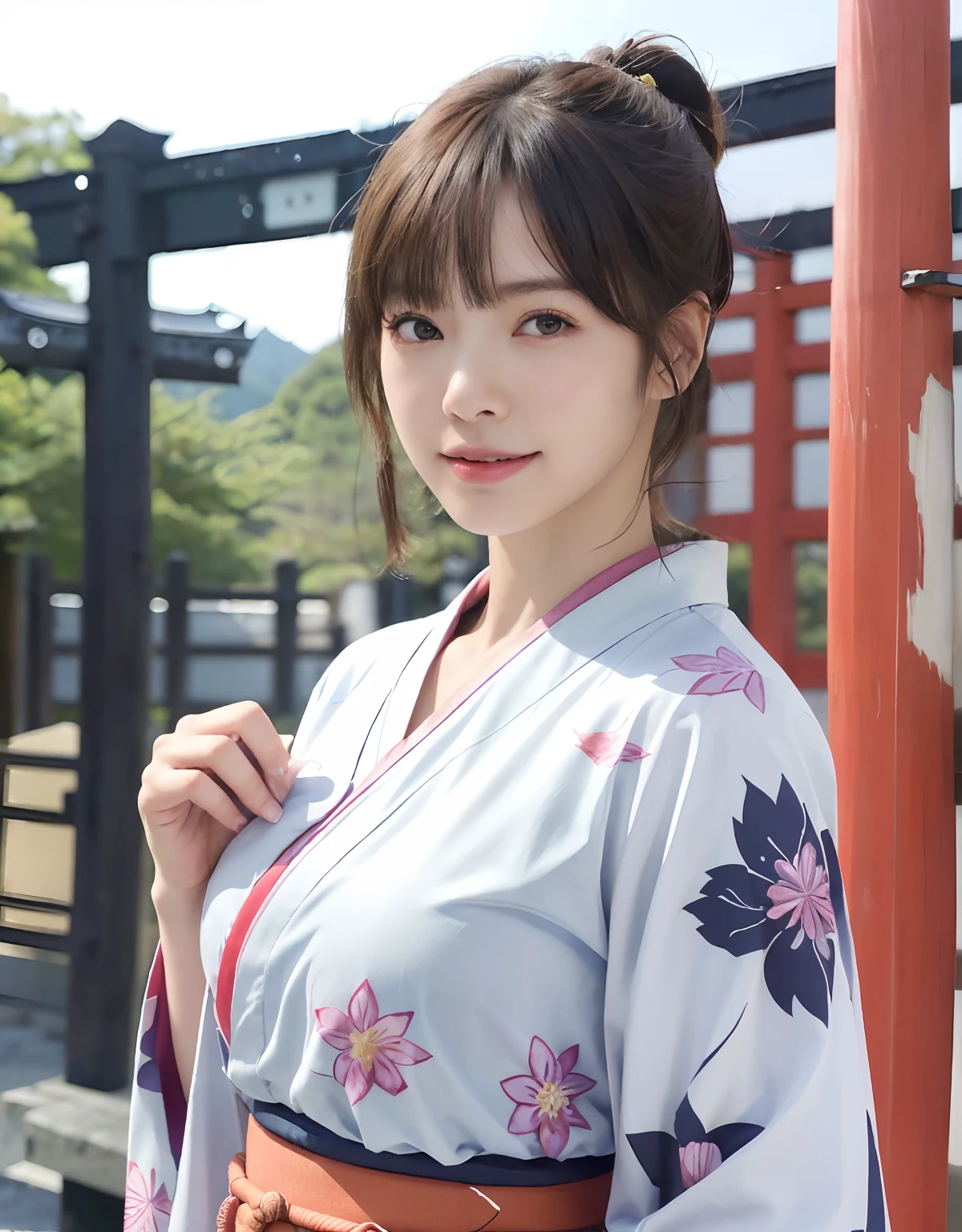 (top-quality、8K、32K、masterpiece、超A high resolution、nffsw:1.3)、(Japan idol:1.8)、1girl in、(Colossal tits)、((maikurobikini)).(short-hair)、abdominals、the perfect body、((Takan Ninja)), Delicate facial features, Ultra-realistic, Hyper-realistic, 鎖骨、((A smile)).Shadow、octan render、((Wear a beautiful kimono with a high degree of exposure)),hyperdetailed face、Detailed lips、finely eye、二重まぶた、(魅惑的)、((agitation:1.5))、maikurobikini、((Navel))、Armpit、((Female ninja)),Kunoichi Ninja、Throw shurikens、Japan holding a sword、Mystical expression、shrine background、Old Town of Japan、((heavy breasts)),Toostock、mecosuji、Kimono with colorful floral pattern、highcontrast、(((Colorful kimono))),extremely heavy breasts、