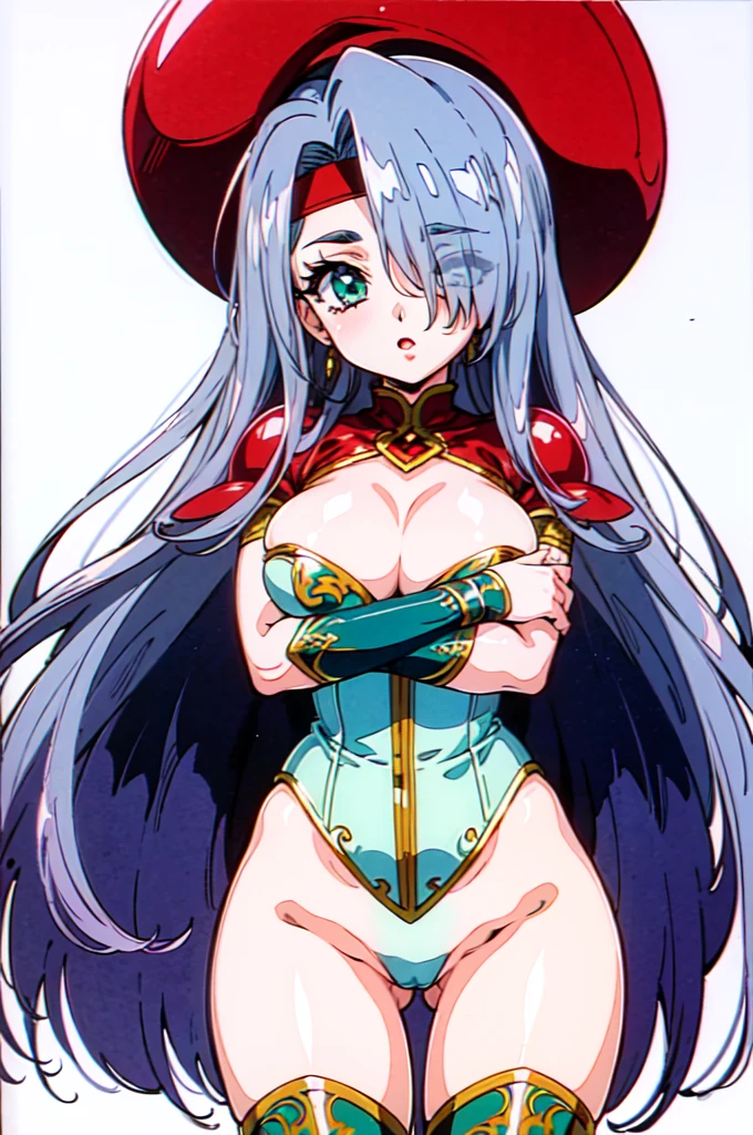 "(masterpiece:1.1), best quality,
1girl, (80s anime style:1.4), (eyelashes:1.5),(:1.2),
(intricate high detailed body:1.2),
silver hair,
(hair over one eye:1.1),(long hair, straight hair:1.1), (headband:1.2),
green eyes, (red lip stick:1.1),
(pale skin:1.3), (gigantic breasts:1.1),
shy, open mouth,
(silver embroidery leotard armor, corset:1.2),
(mini skirt:1.1), (jewelry:1.1), gauntlets,
standing, crossed arms,
(cowboy shot, looking at viewer, from front:1.1),
(simple white background:1.2)"