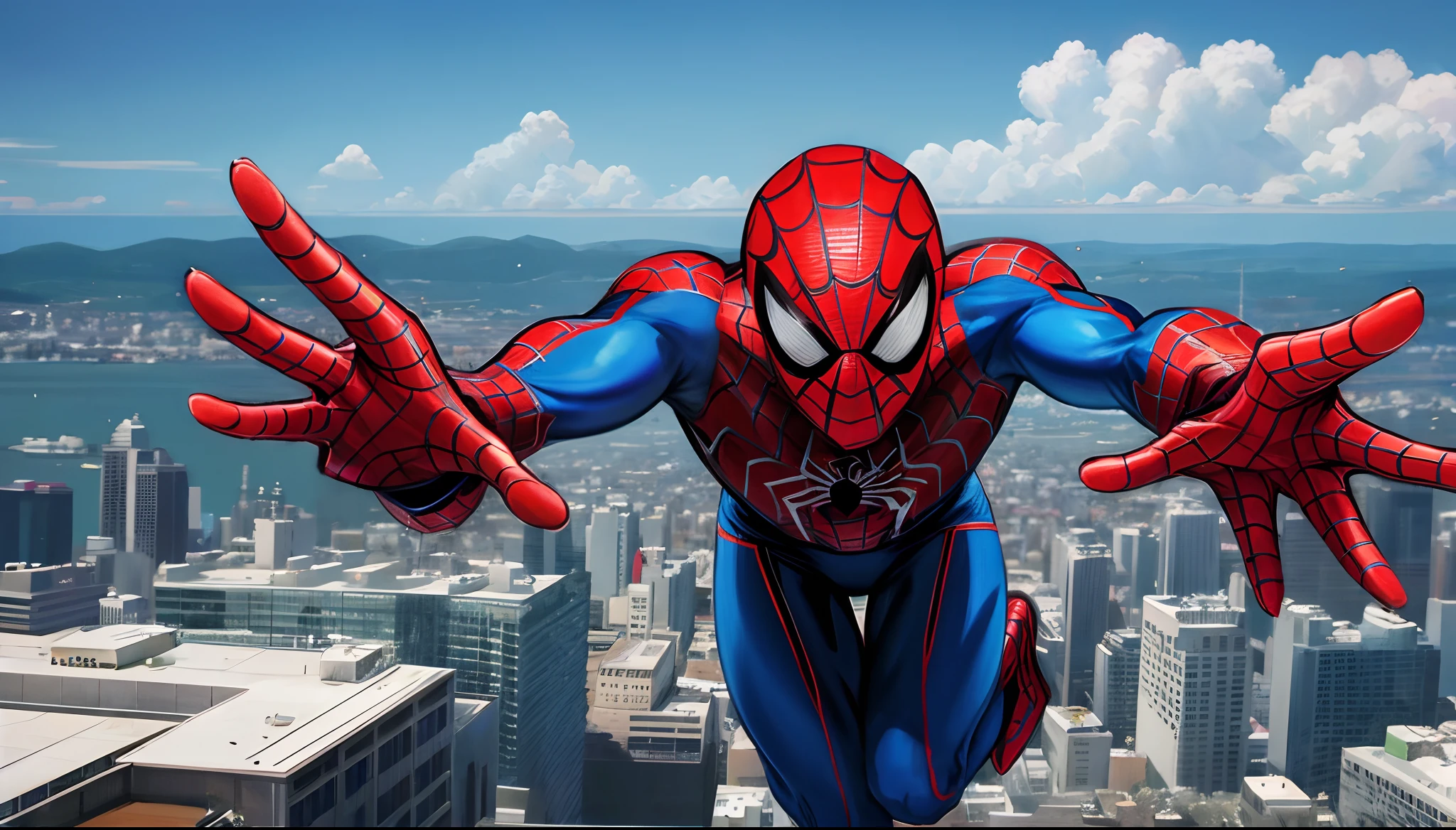 Hyper realistic spider man on top of a building