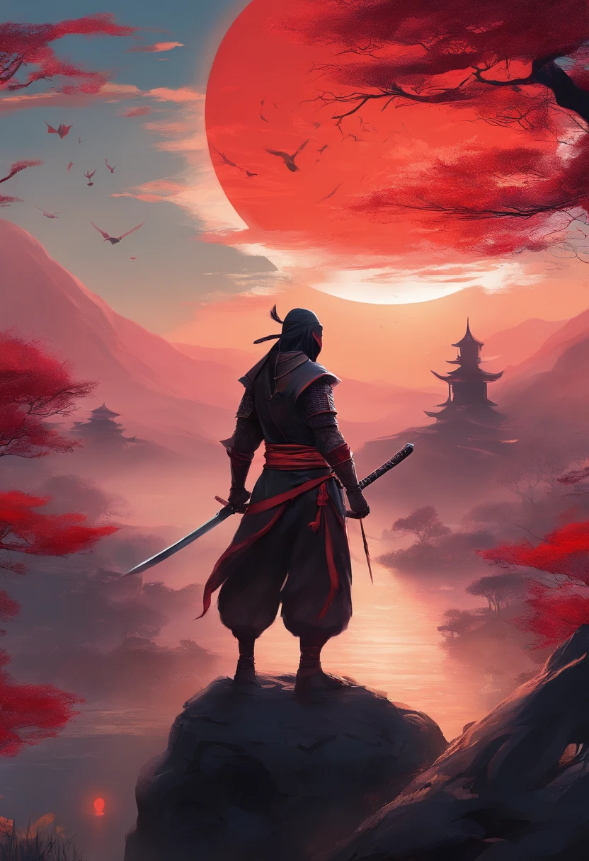 A ninja from feudal Japan is blindfolded，Hold a katana in front of the red moon, Urban Samurai, anthem game inspiration, epic image, Era, Standing on the roof of a Chinese house，The White Tower in the distance，eventide，suns