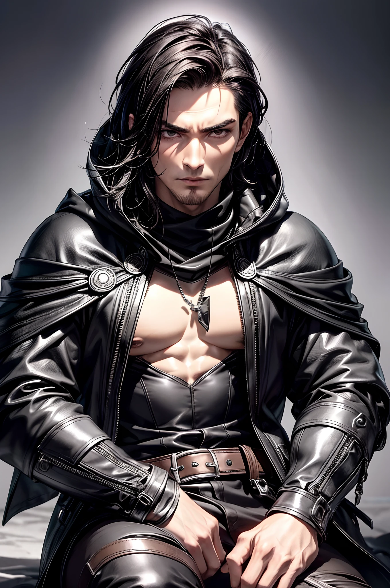 (absurderes, hight resolution, ultra-detailliert), 1 male, Adult, Handsome, High muscular face, broad shoulders, finely detailed eyes, Short black hair, Brown eyes, Black cloak, Wearing a hood, Leather Vest, Leather bag at waist.............................., 2 daggers on the belt, castle, Medieval atmosphere, Natural Light and Shadow, Bright particles fly around a person, Fantastic, Mysterious, Bright glow,  Seated Pose, Serious expression, Cold, thoughtful, Mouth Shut