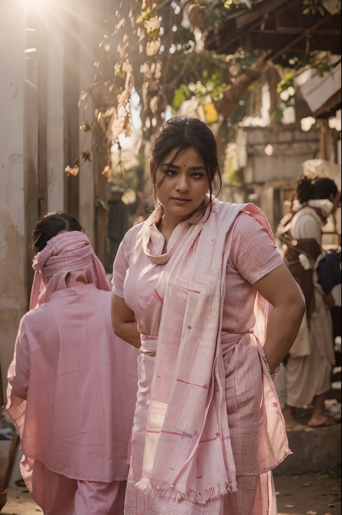 there is a woman standing in a pink dress with a white scarf, wearing bihu dress mekhela sador, still from movie, movie stills, tv show still, igla movie shot, movie still frame, female lead character, tv still frame, shot from movie, film movie still, film promotional still, movie stills photography, movie still, film still dnd movie