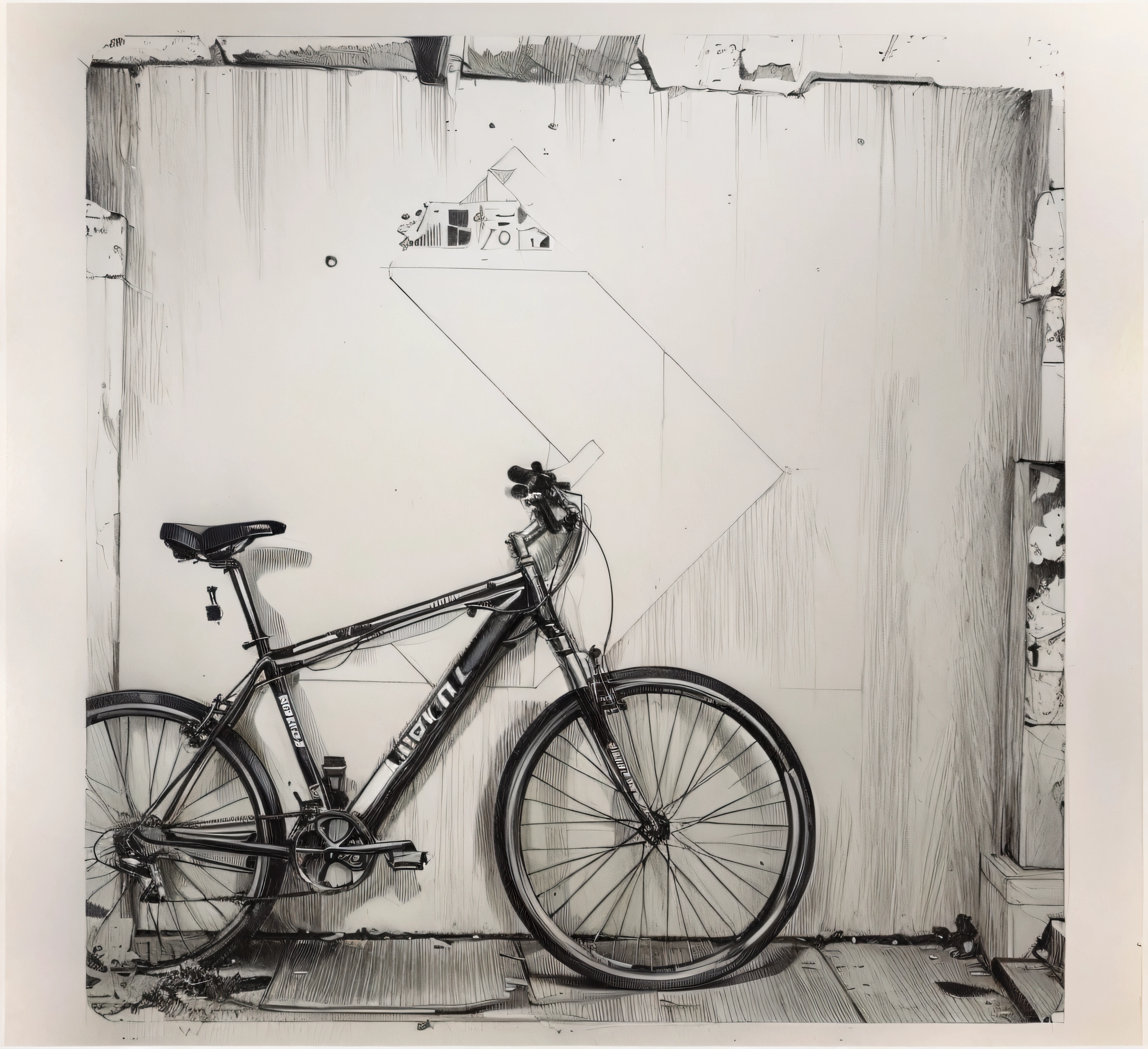 There's a bike in high definition, encostada a uma parede com uma seta amarela, bicicleta no fundo, granulado, bicicleta, , ocultar geometria, geometria, ciclismo!!, foto granulada, cor polaroid foto, Bicicletas, Geometrical, foto mid shot, illustartion, extremely graphic, iluminado, assymetrical, Parece inteligente , comiс style, bela arte de linha, black and white comic style, Manga style, Manga art style, pencil and ink drawing, black and white coloring