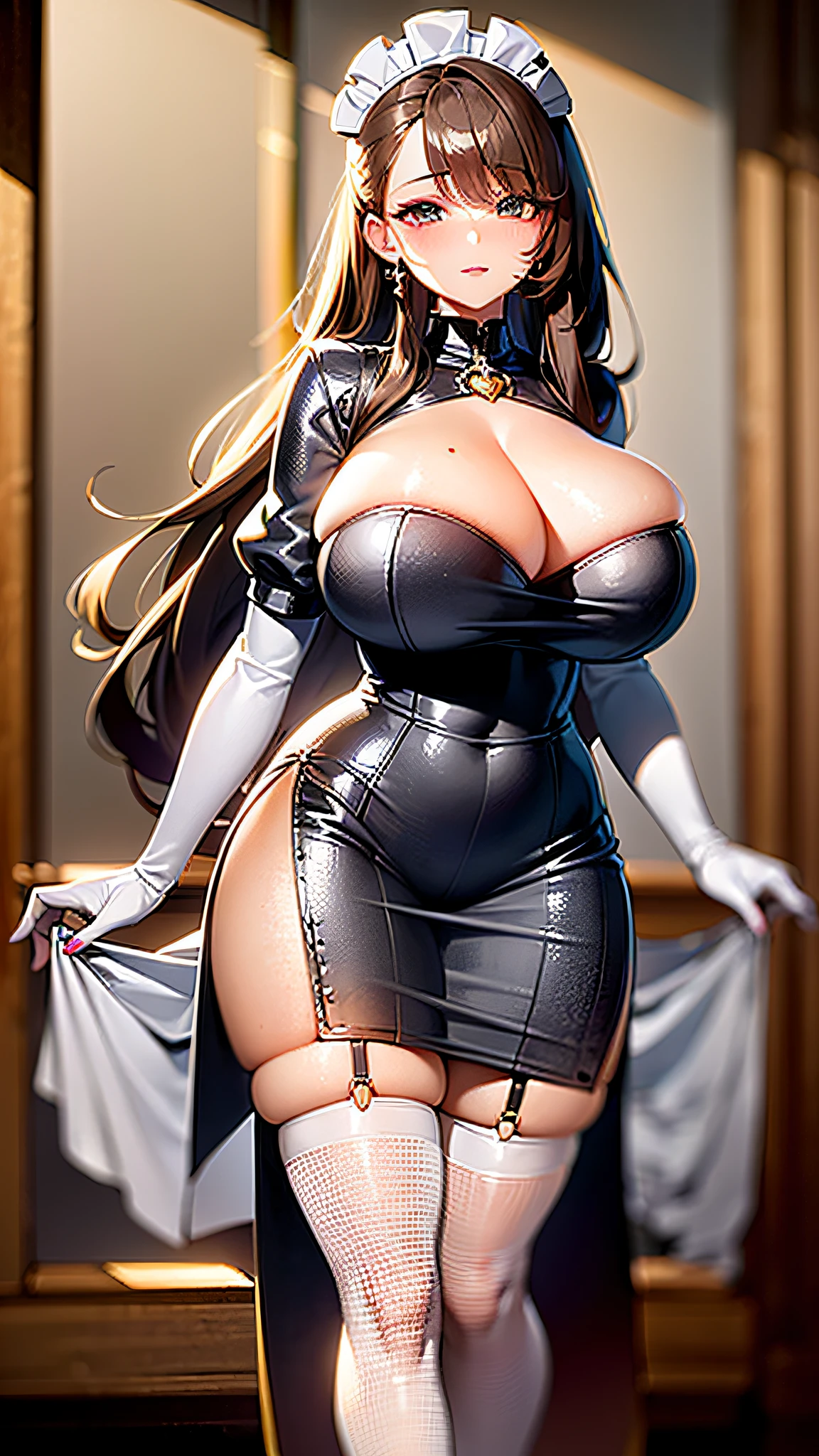 "(best shadow, best illumination), a maid with subtle gaze, (brown hair:1.1), sparkling brown eyes, (cute and sexy) demeanor, wearing (white stockings:1.2), (high heels:1.2), thigh-high slit black skirt, and (gigantic breasts:1.6) that accentuate her curves."