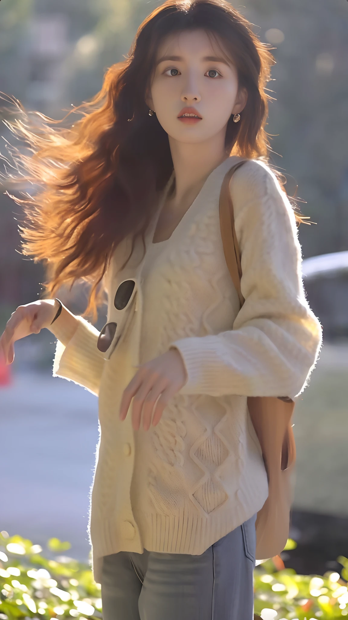 Woman with long hair walking down the street, Hair fluttering in the wind, long ginger hair windy, bae suzy, wearing a white sweater, katherine mcnamara inspired, White sweater, wearing sweater, wearing a cardigan, wearing an oversized sweater, wearing casual sweater, wearing sweater, hair flowing in the wind, Cardigan, young beautiful amouranth