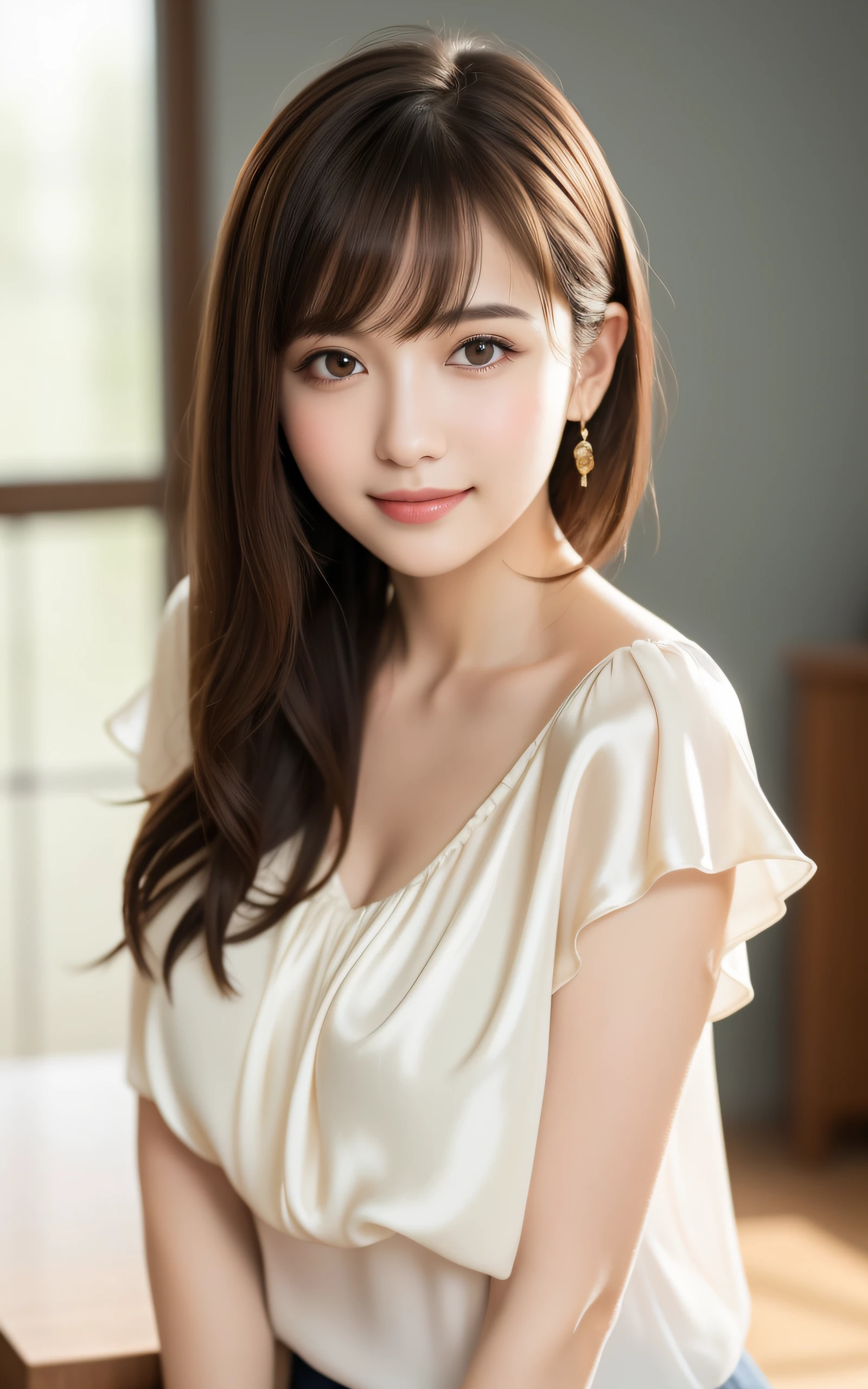 masterpiece, Best Quality, 8K, 20 yo, (Large breast:1.2), cuddly, Solo, smile shyly, close up, Cute, Girly, Delicate girl, Neat and clean beauty, Raw photo, Professional Photography, Portrait, Soft light, Professional Lighting, Back lighting, Upper body, Looking away, Sophisticated, Film grain, (Eyes and faces with detailed:1.0), short length floating hair , beautiful flowing hair, bangs, silk blouse,